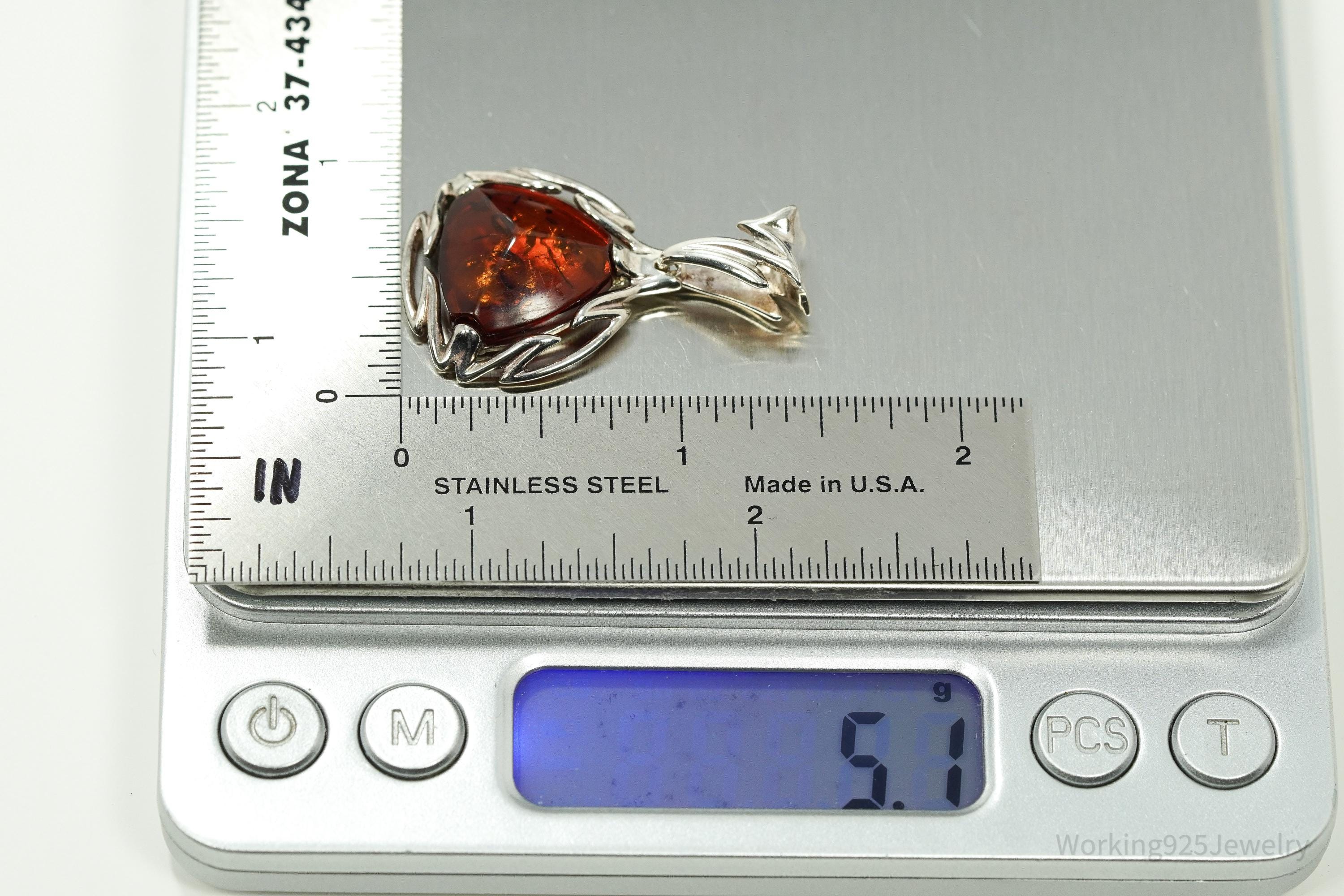 Large Vintage Modernist Amber Sterling Silver Pendant
