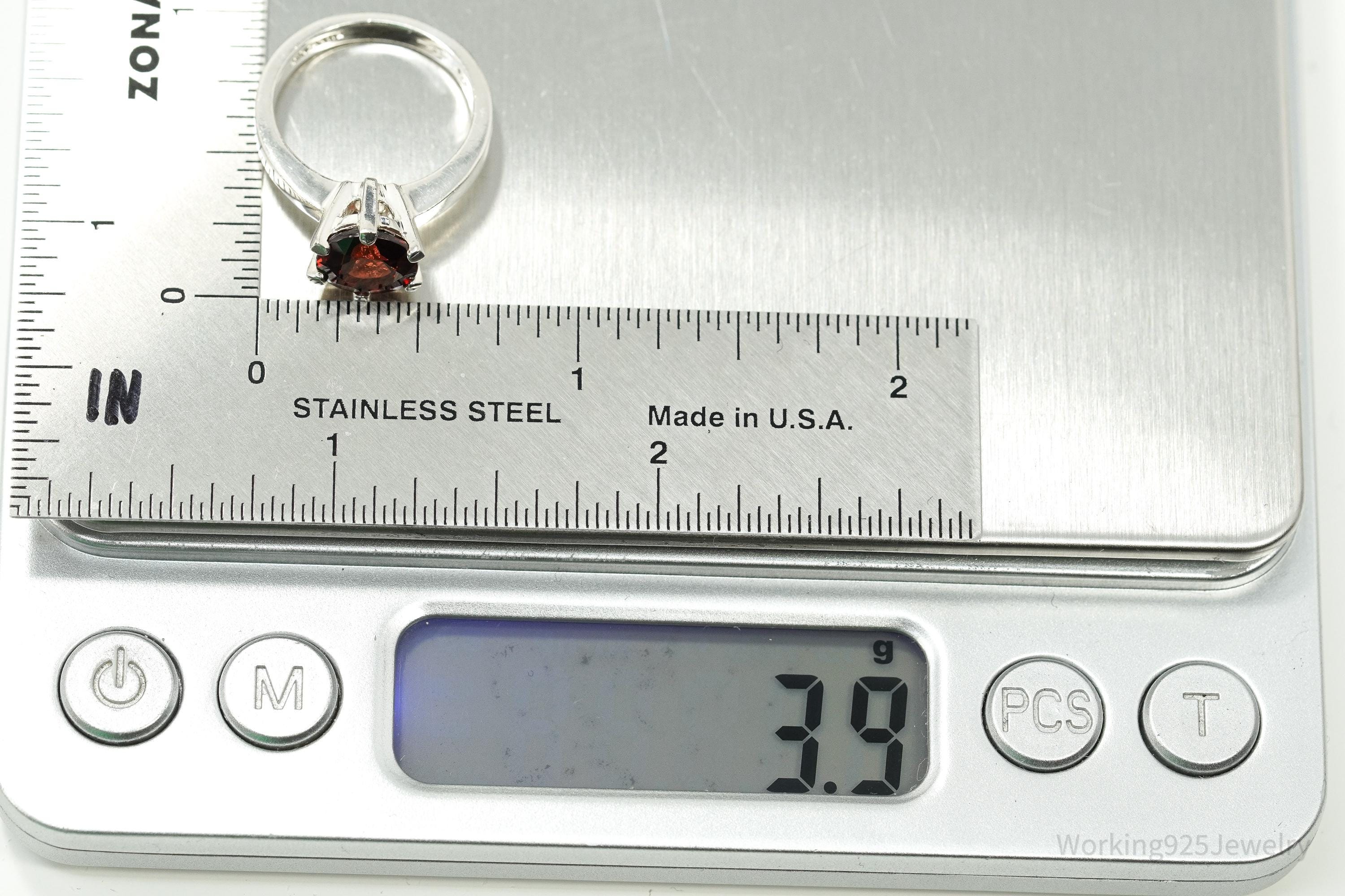 Vintage Sterling Silver Ring • Round Garnet Solitaire Gemstone Size 5