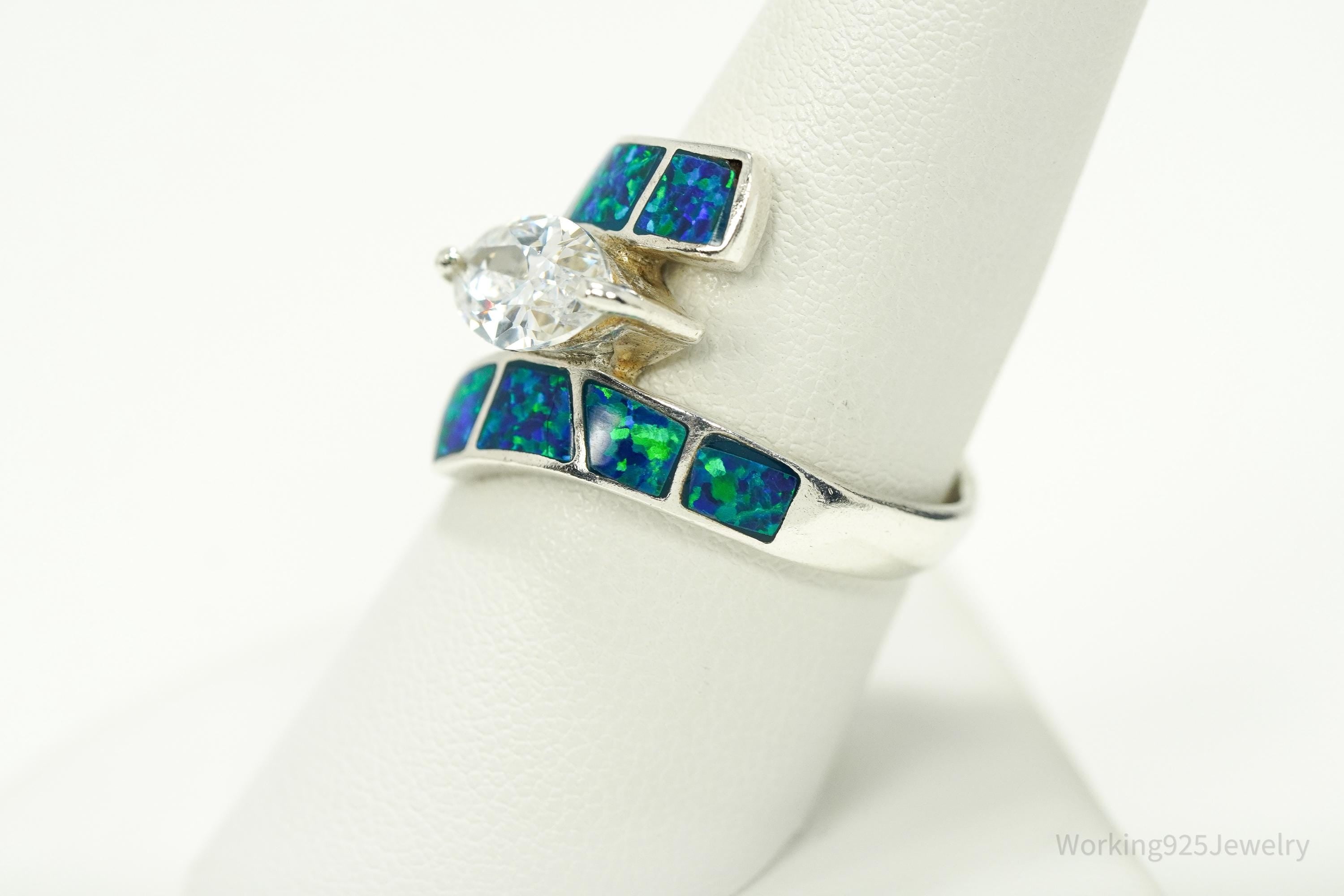 Vintage Cubic Zirconia & Opal Inlay Sterling Silver Ring - Size 8