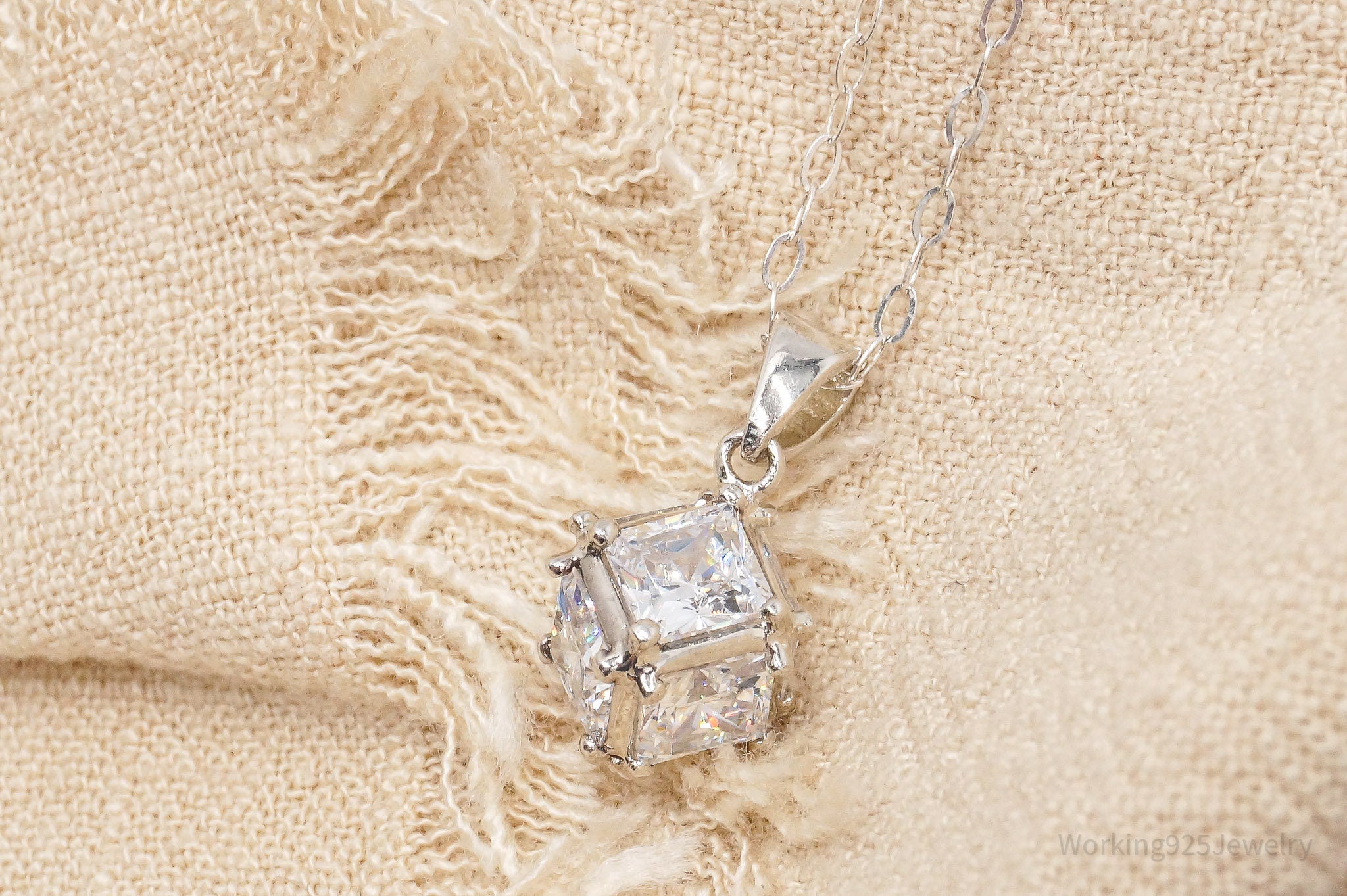 Vintage Cubic Zirconia Cube Sterling Silver Necklace 16"