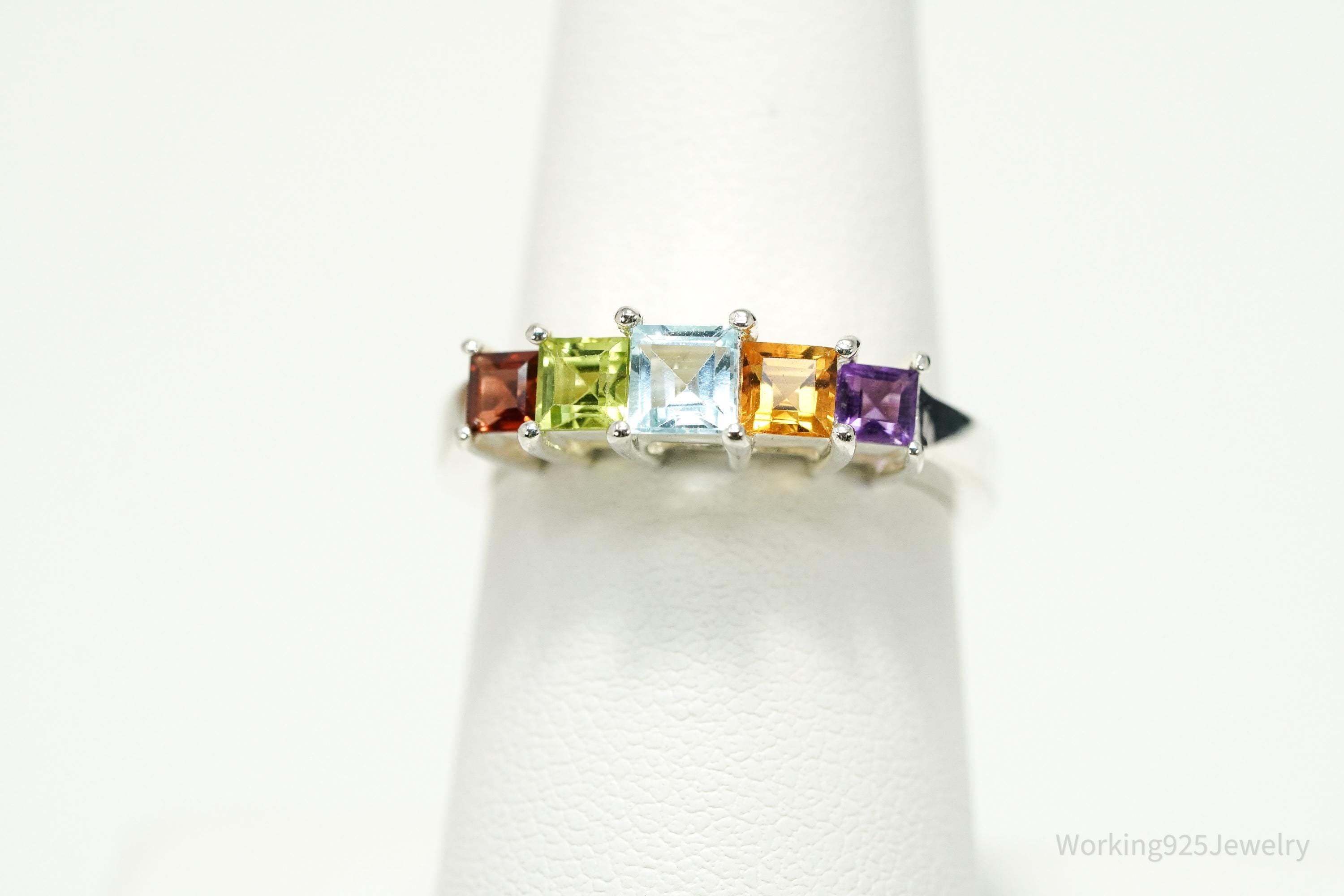 Vintage Rainbow Multi Gemstone Sterling Silver Band Ring – Size 7
