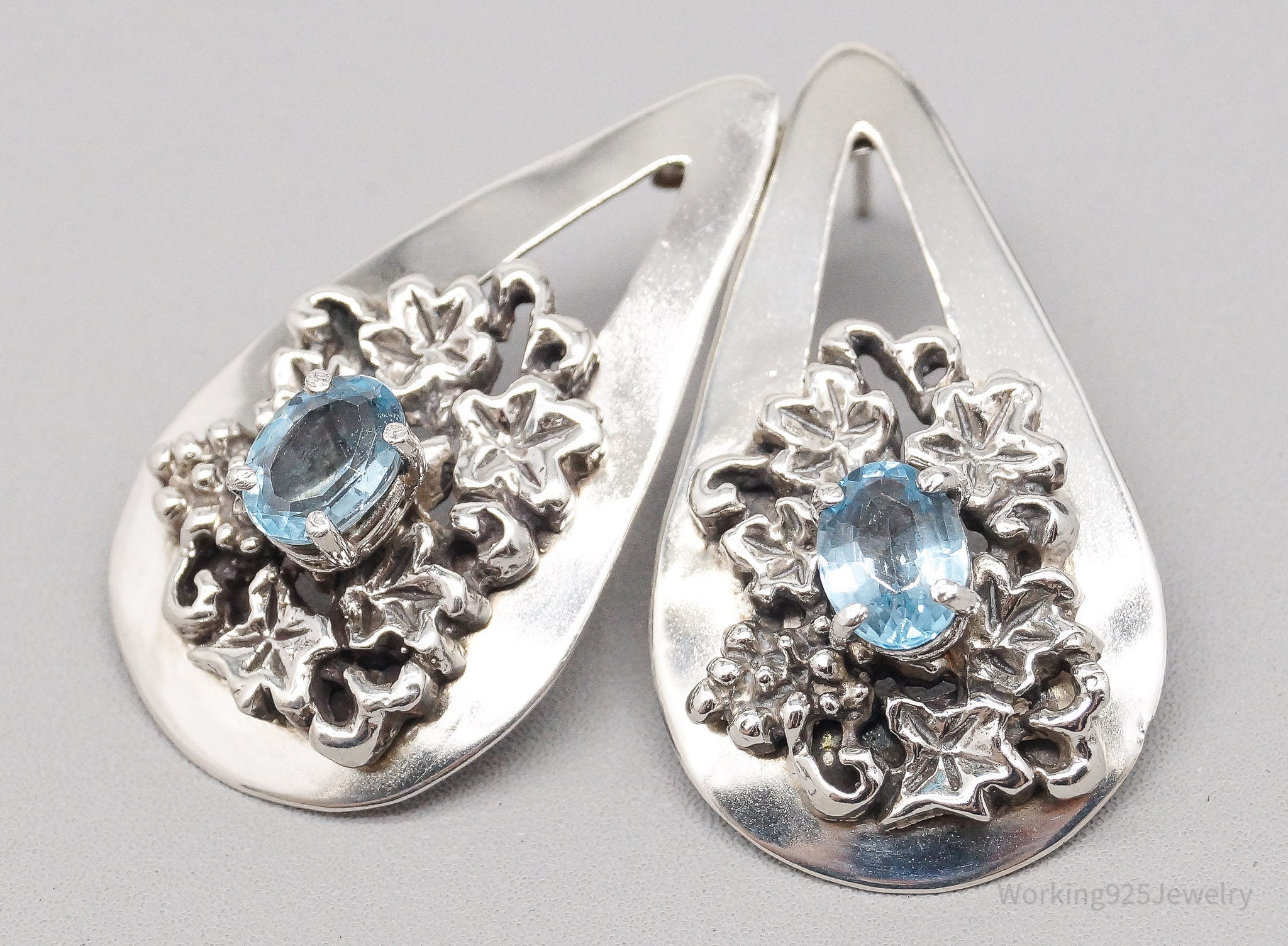 Vintage Blue Topaz Flowers Sterling Silver Earrings