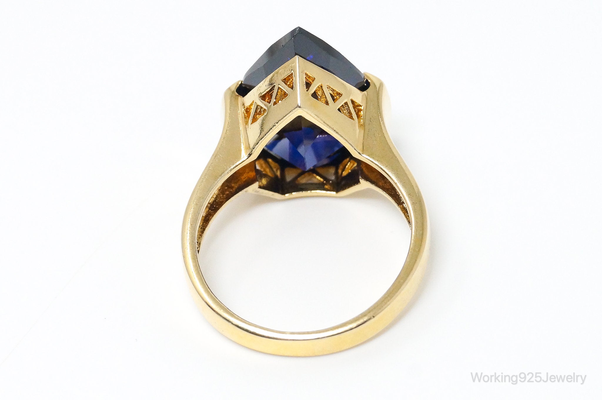 Vintage Large Blue Cubic Zirconia Gold Vermeil Sterling Silver Ring Size 8