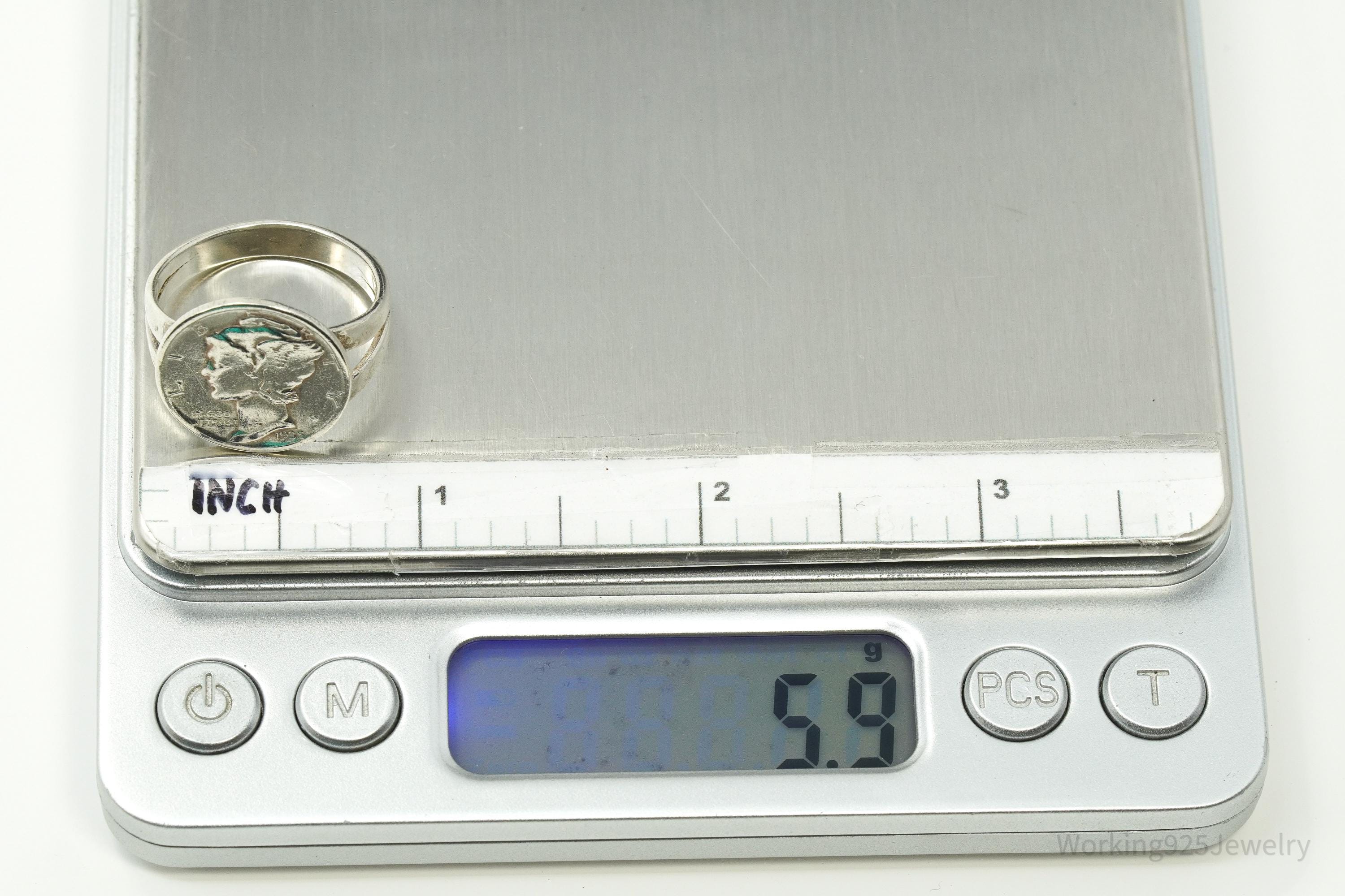 Vintage 1935 Mercury Dime Coin Silver Ring - Size 10.25