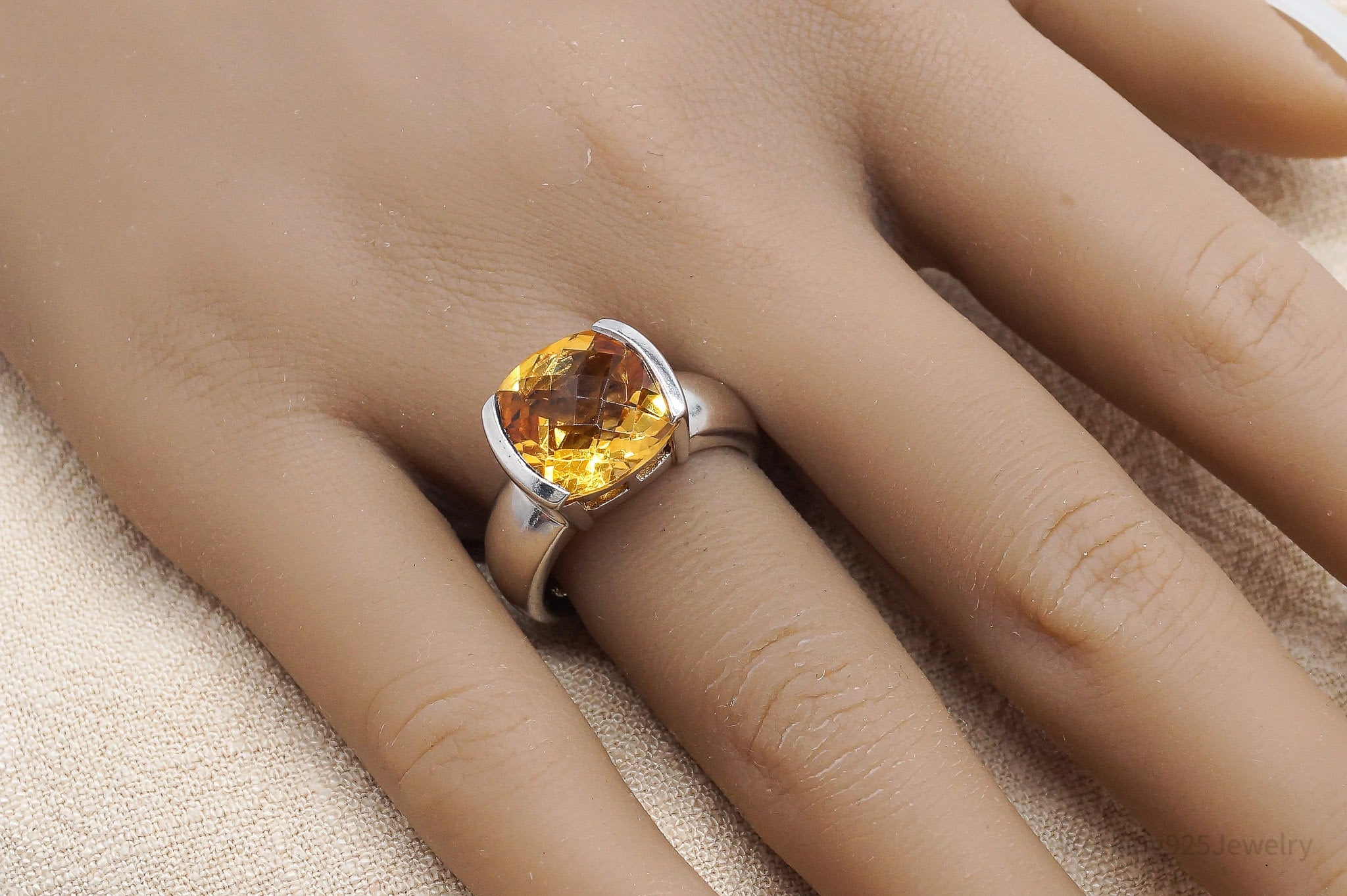 Vintage Large Citrine Sterling Silver Ring - Size 7.75