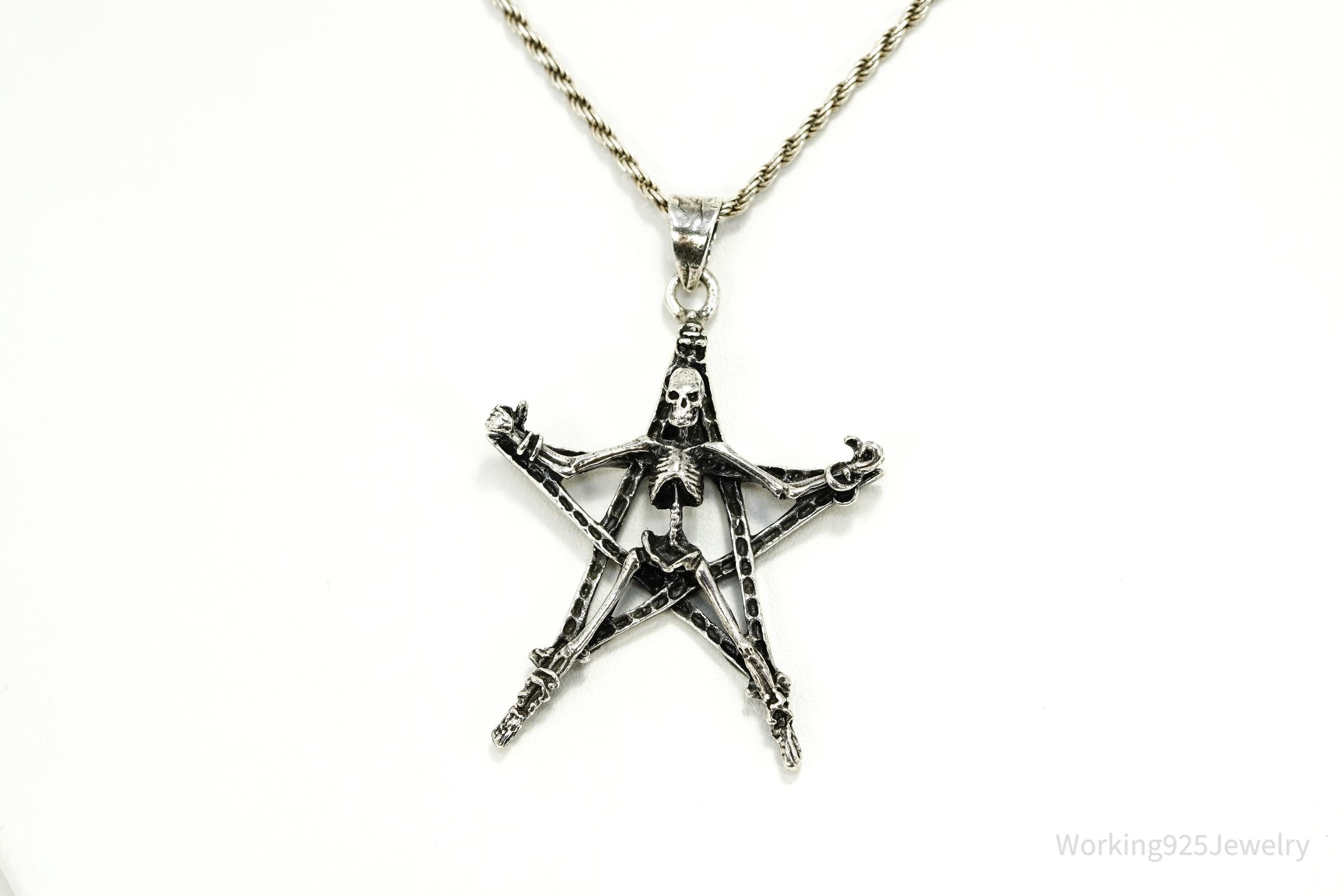 Vintage Skeleton Pentagram Sterling Silver Necklace 20"