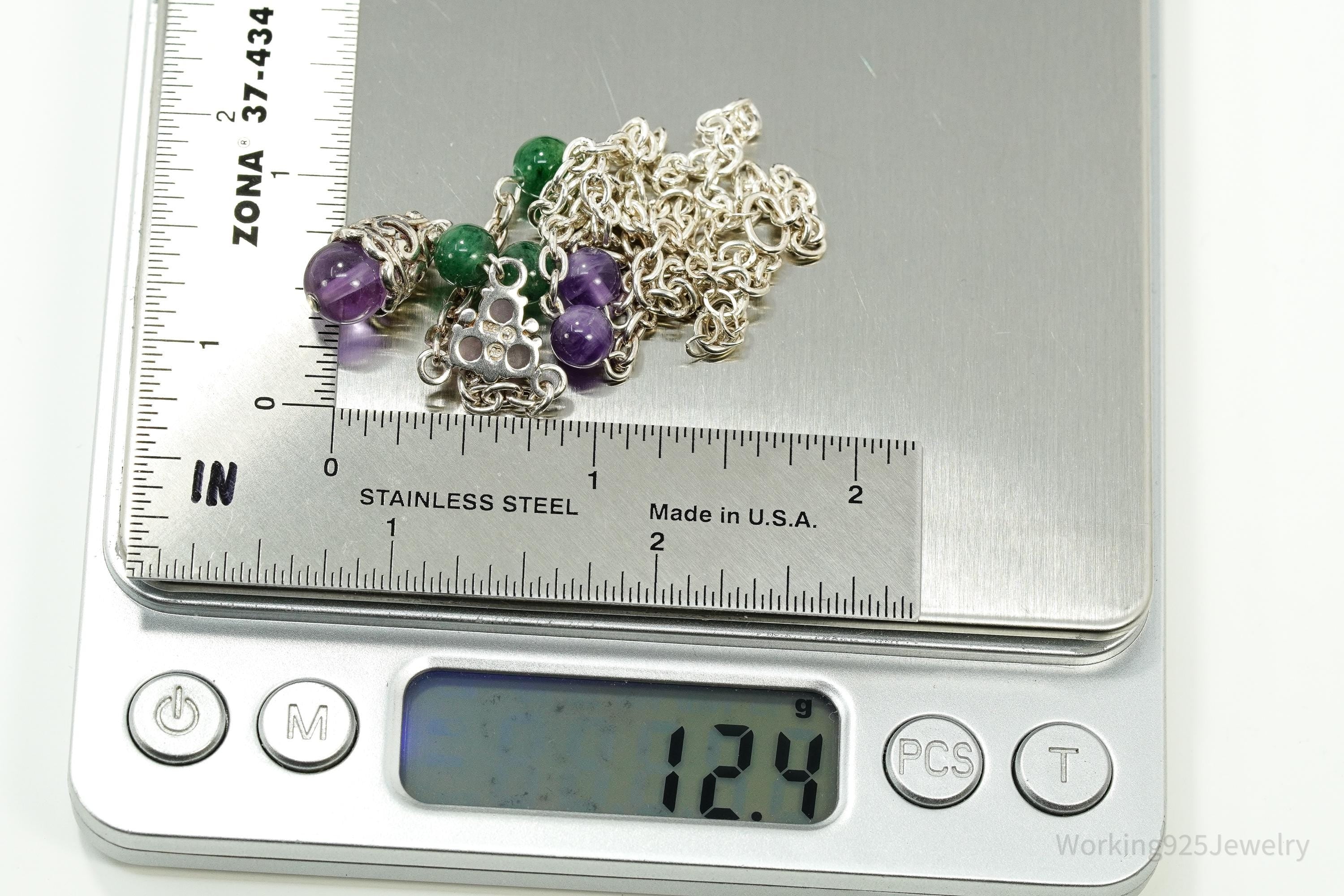 Vintage Jade & Amethyst Sterling Silver Necklace 17"