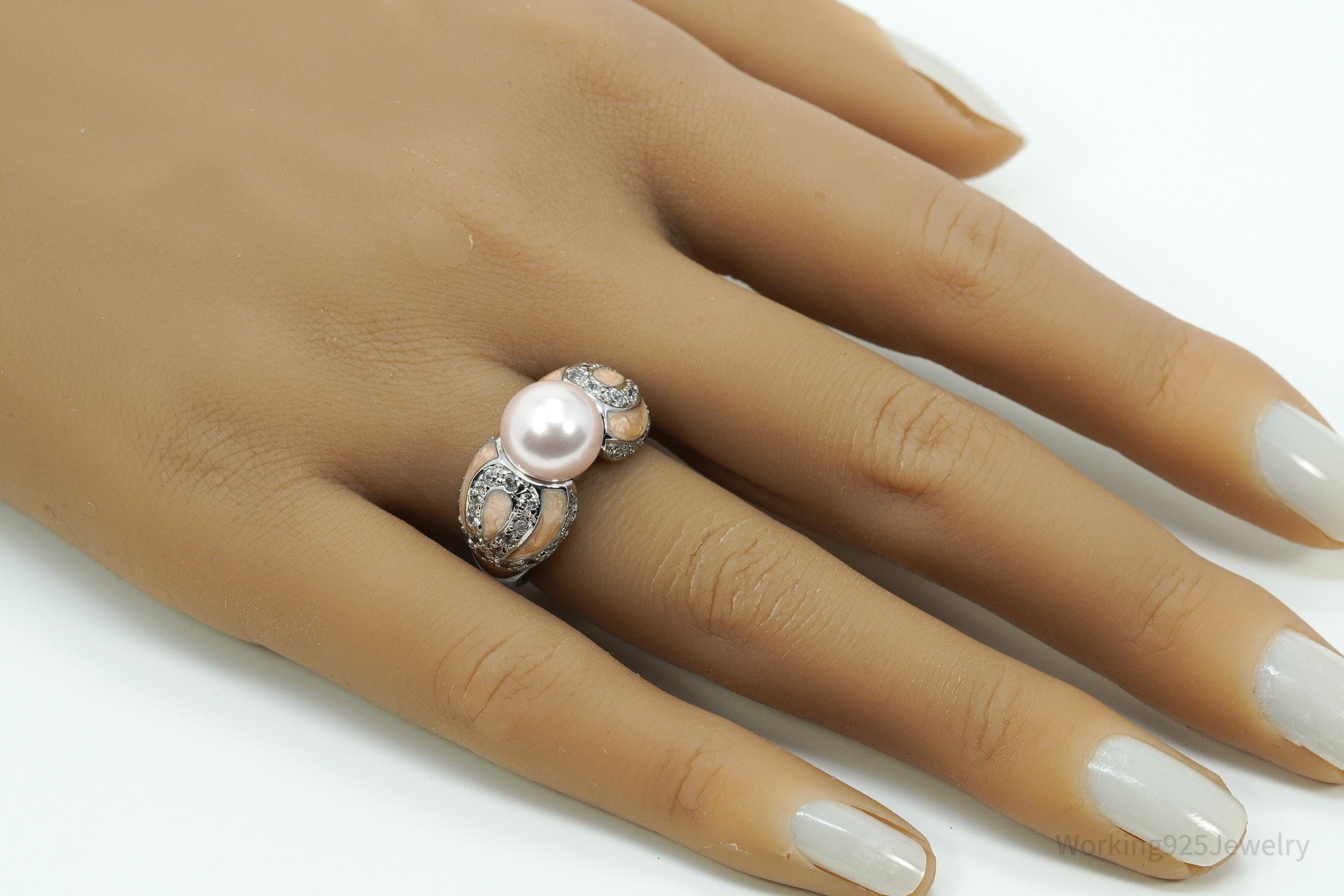 Vintage Ross Simons Pearl & Cubic Zirconia Enamel Sterling Silver Ring - Size 6.75