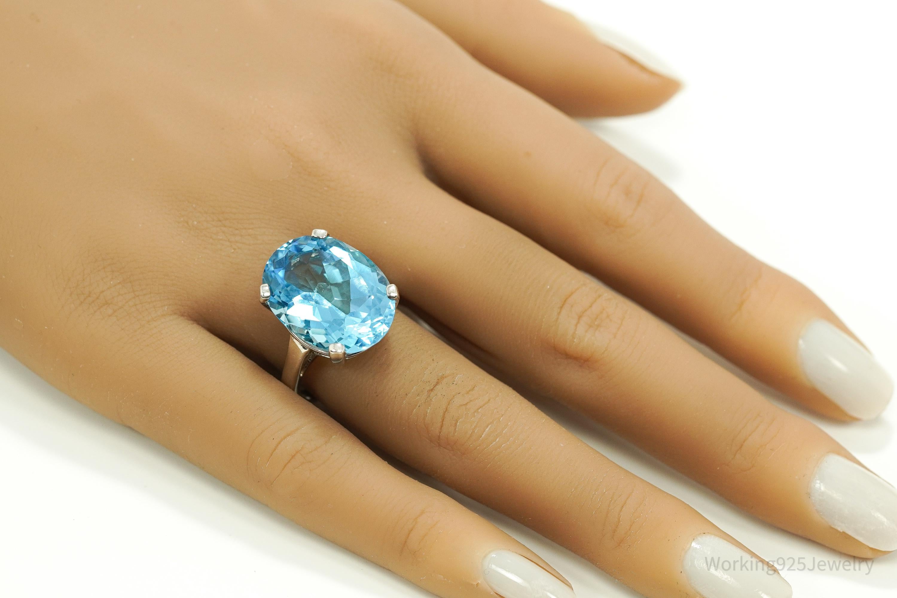 Vintage Large Blue Topaz Sterling Silver Ring - Size 8