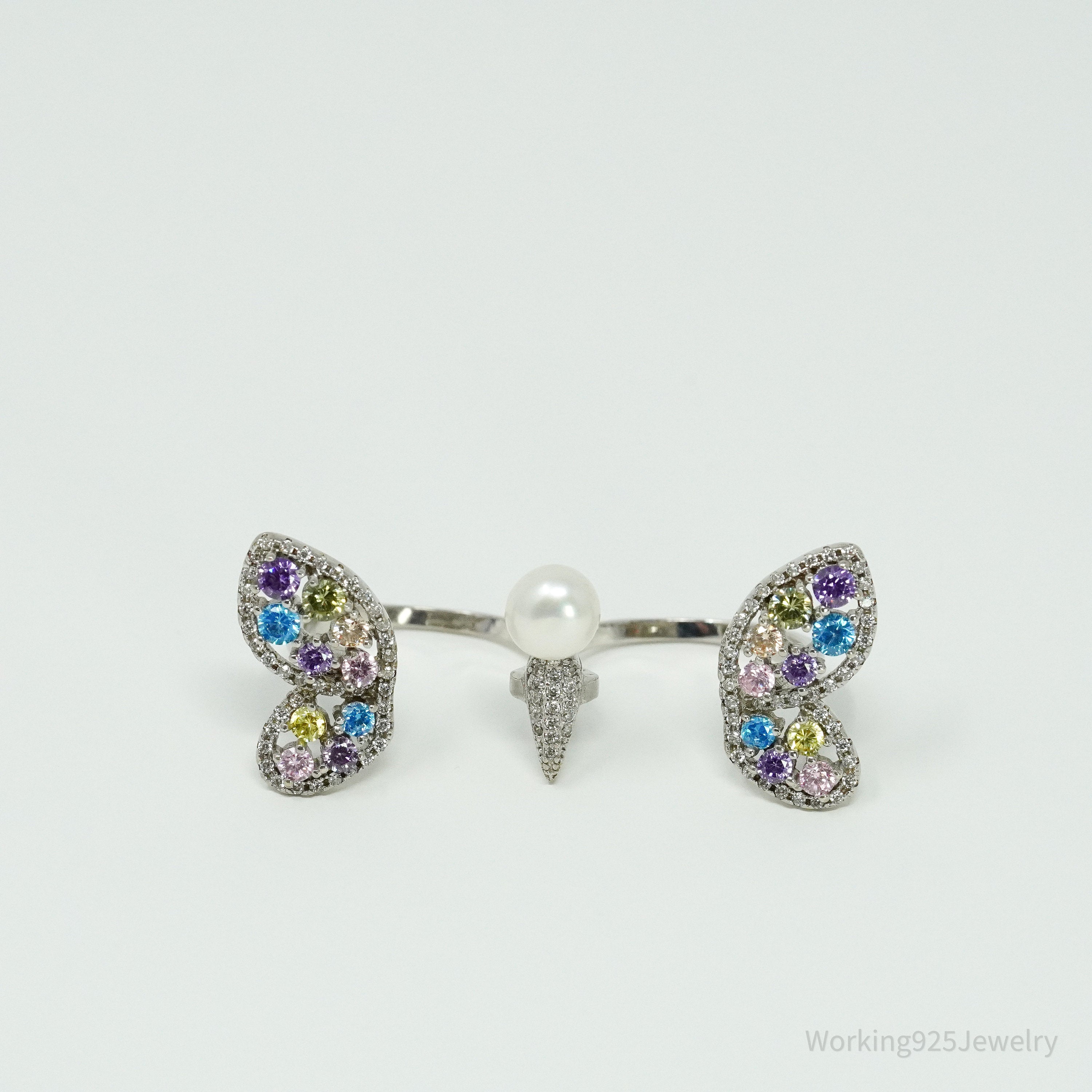 FZN Pearl & Multi Color Cubic Zirconia Butterfly Sterling Silver Ring - Size 7