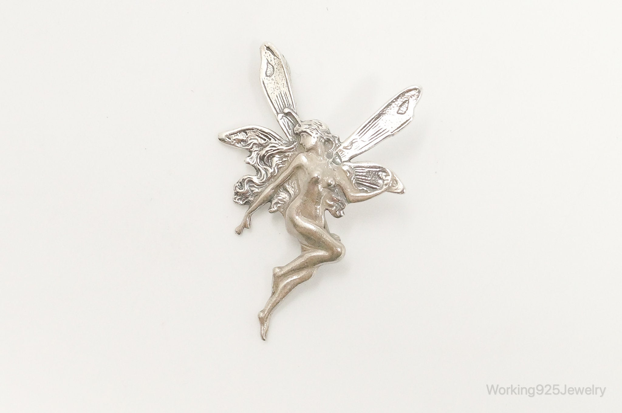 Vintage Fairy In Flight Sterling Silver Brooch Pin