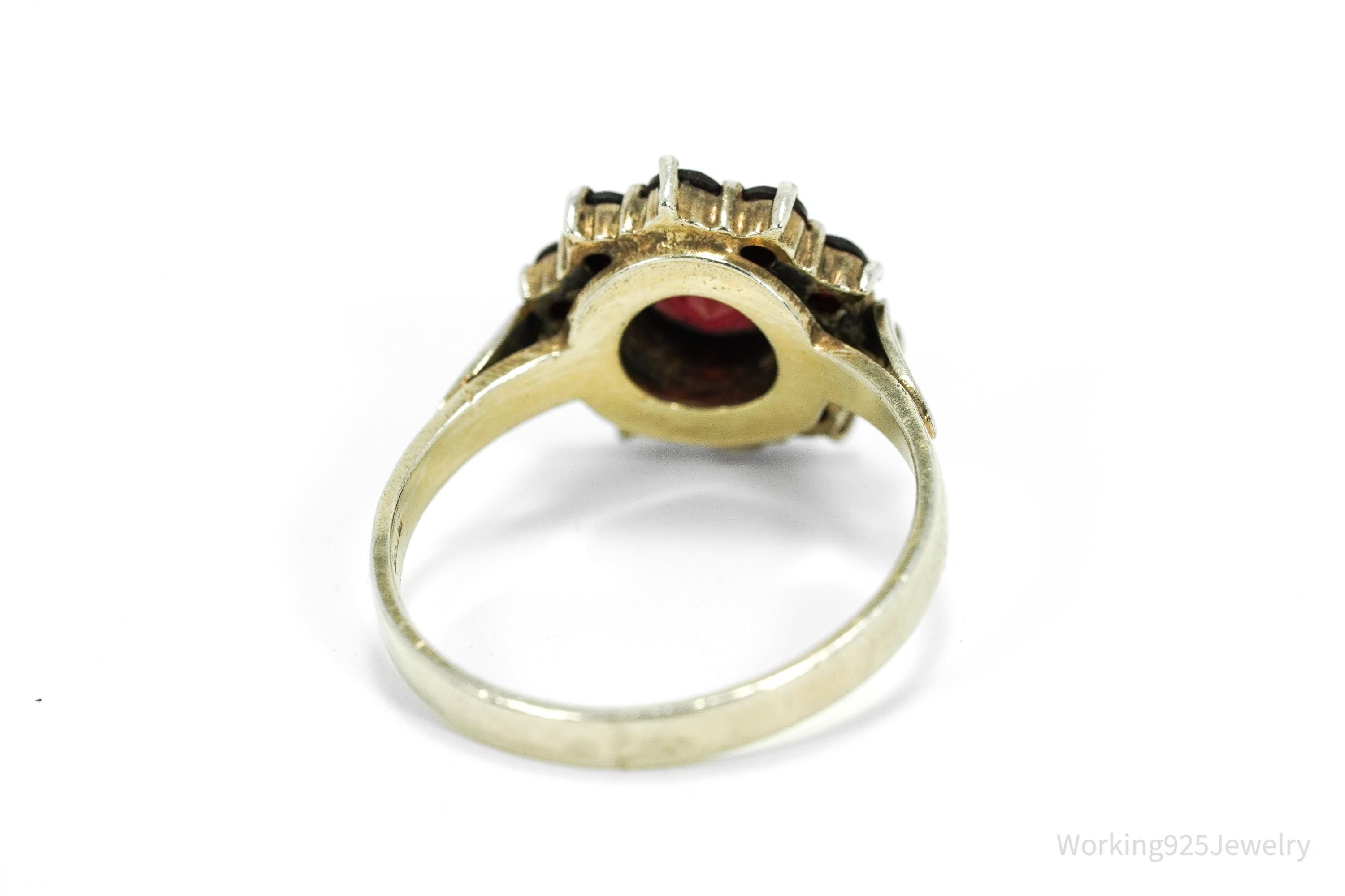 Antique Bohemian Garnet Flower Gold Wash Silver Ring - Size 5.5