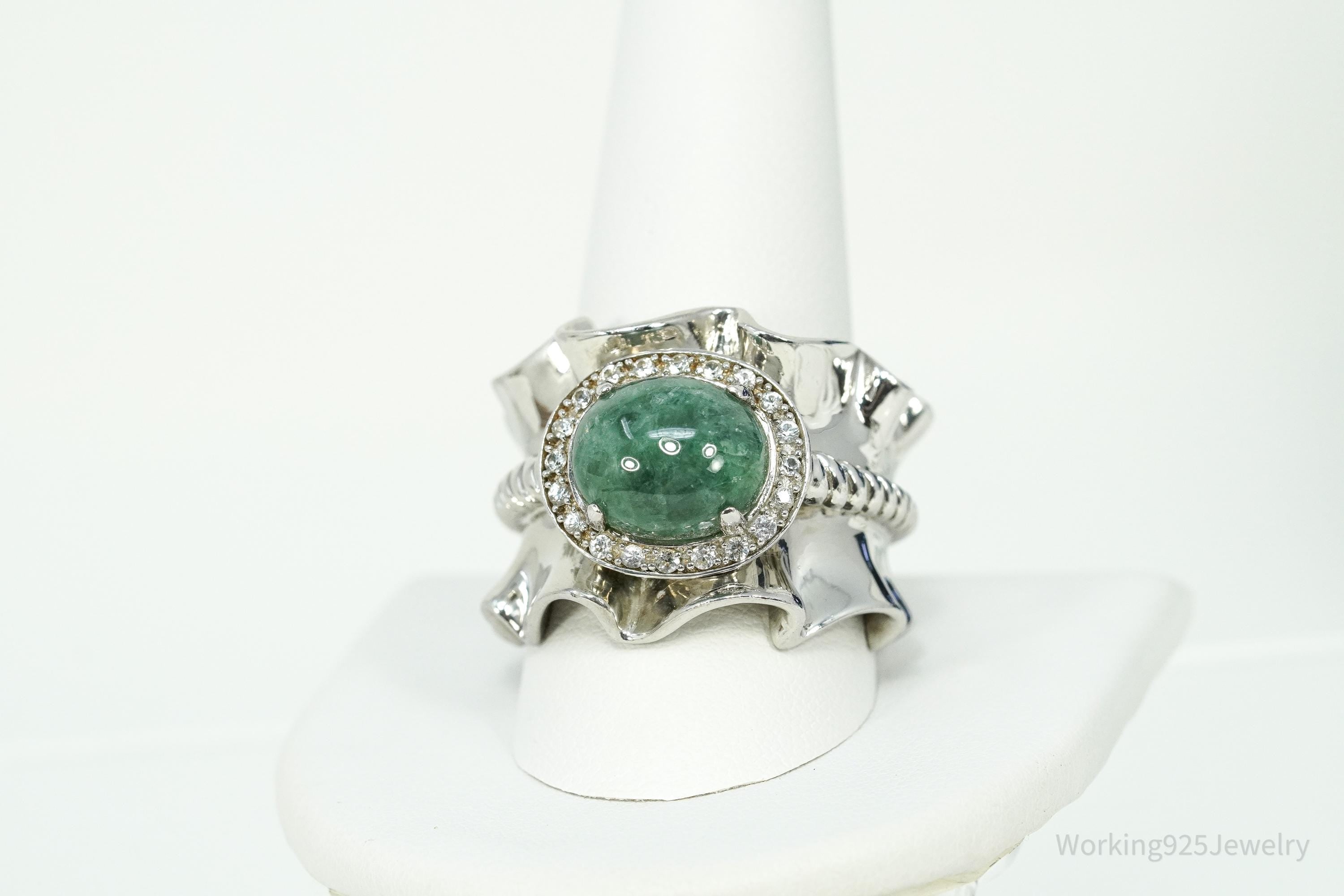 Michelle Albala Green Jadeite & White Topaz Sterling Silver Ring - Size 11.25