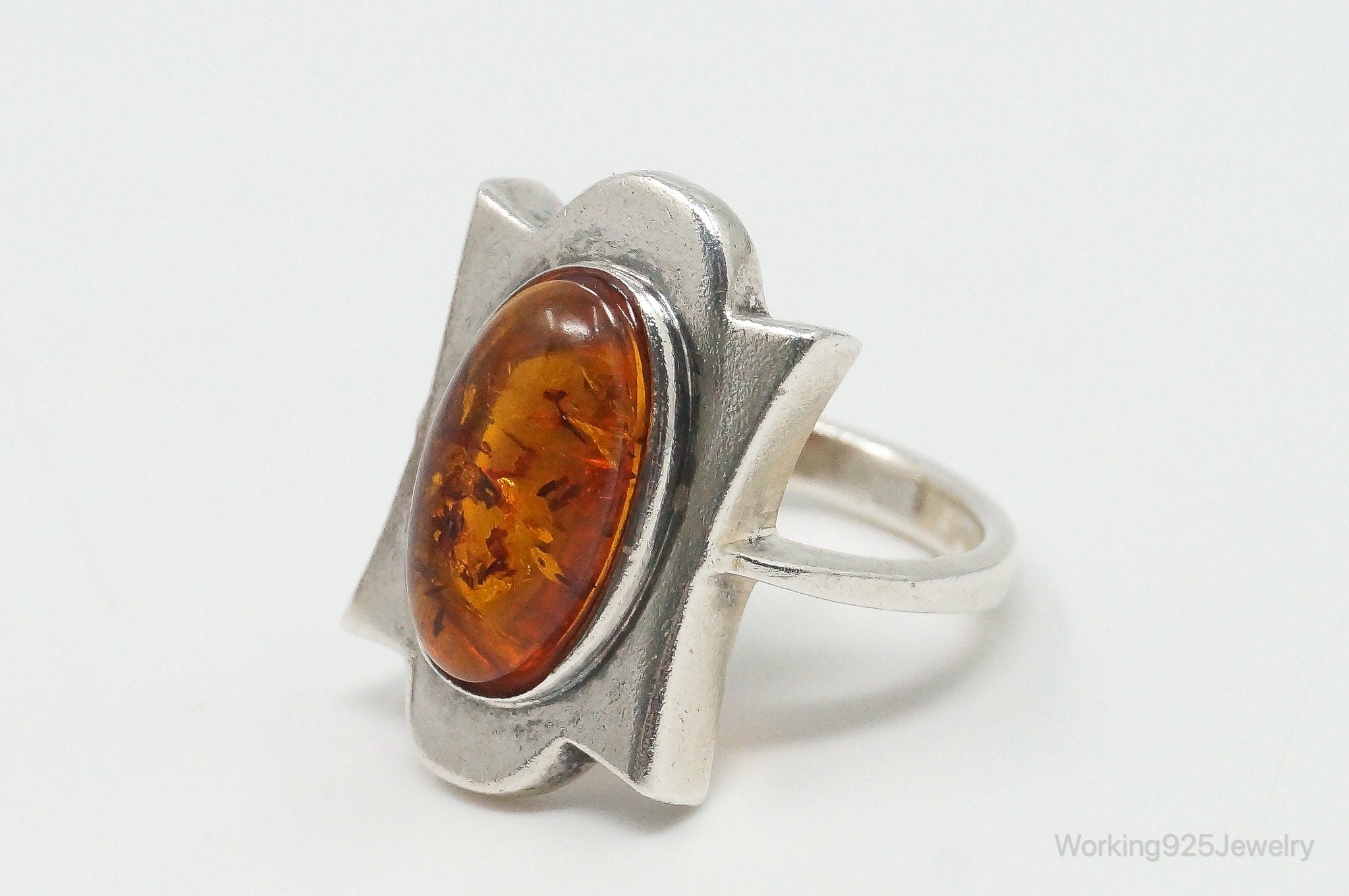 Vintage Large Baltic Amber Sterling Silver Ring - Size 6.75