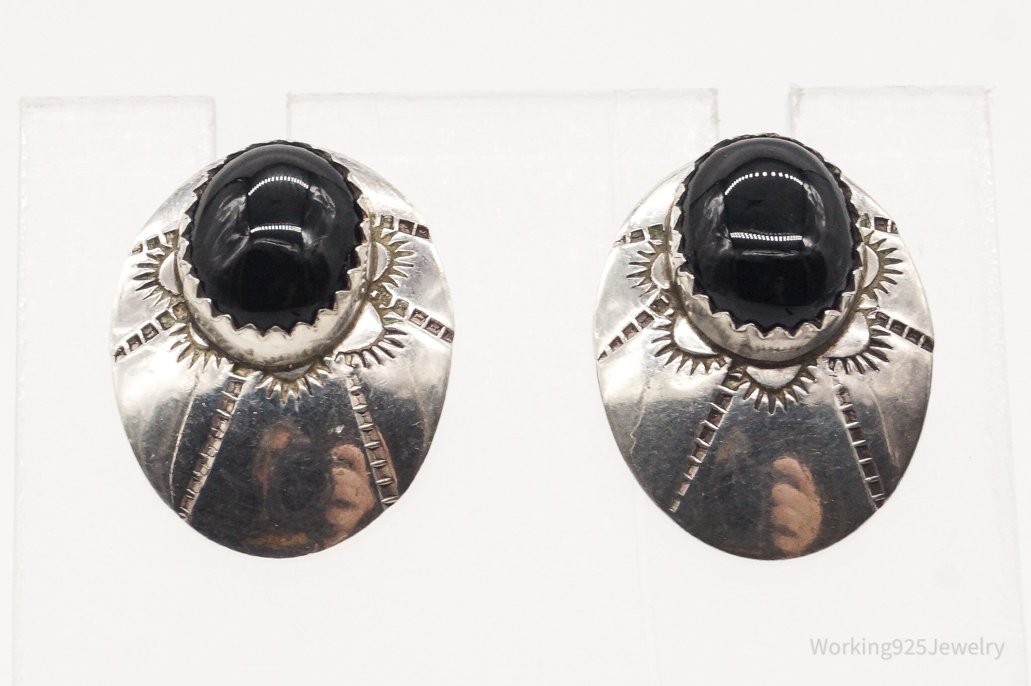 Vintage Native American Black Onyx Silver Earrings