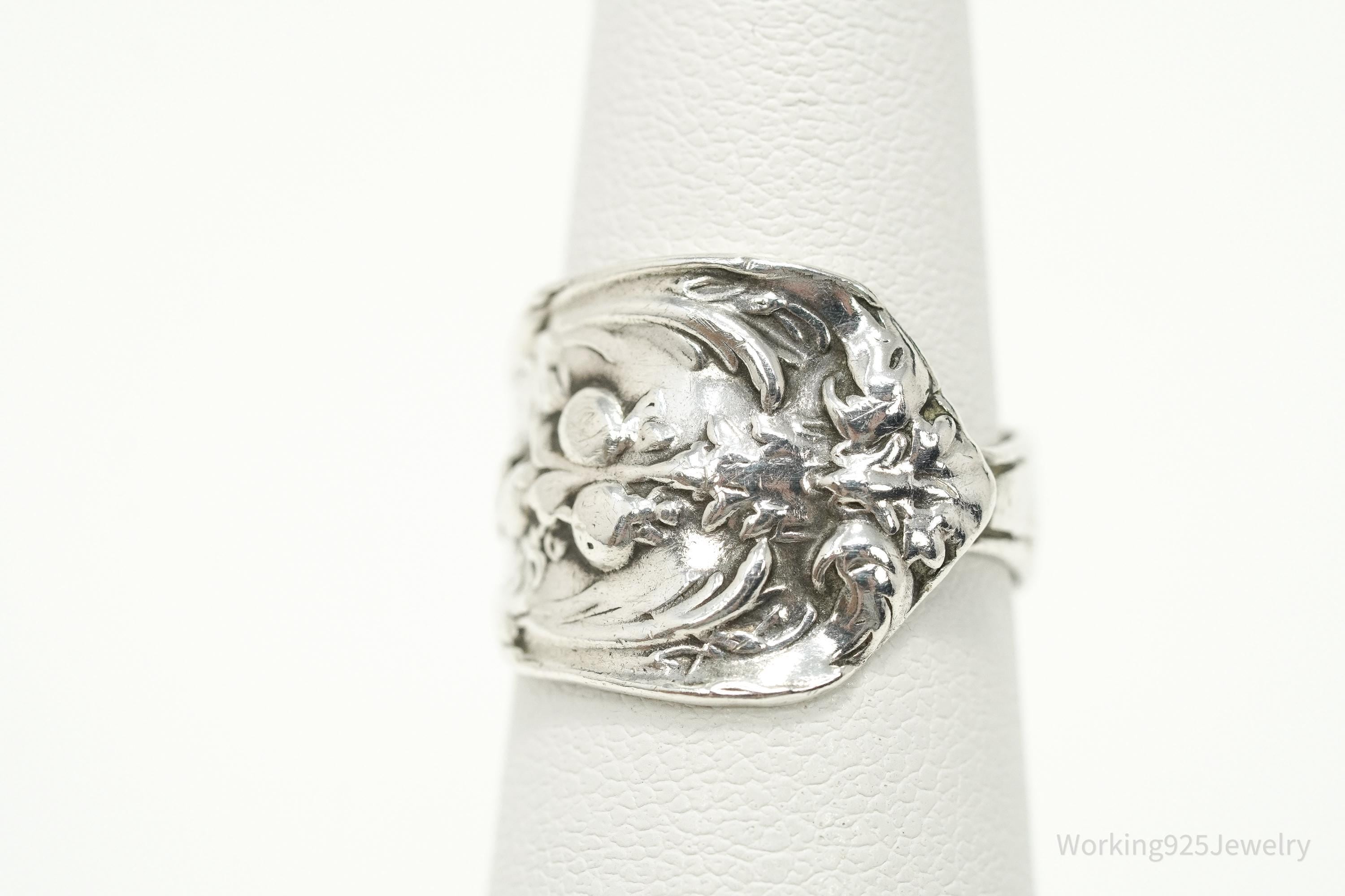 Antique Floral Sterling Silver Spoon Ring - Size 5.25