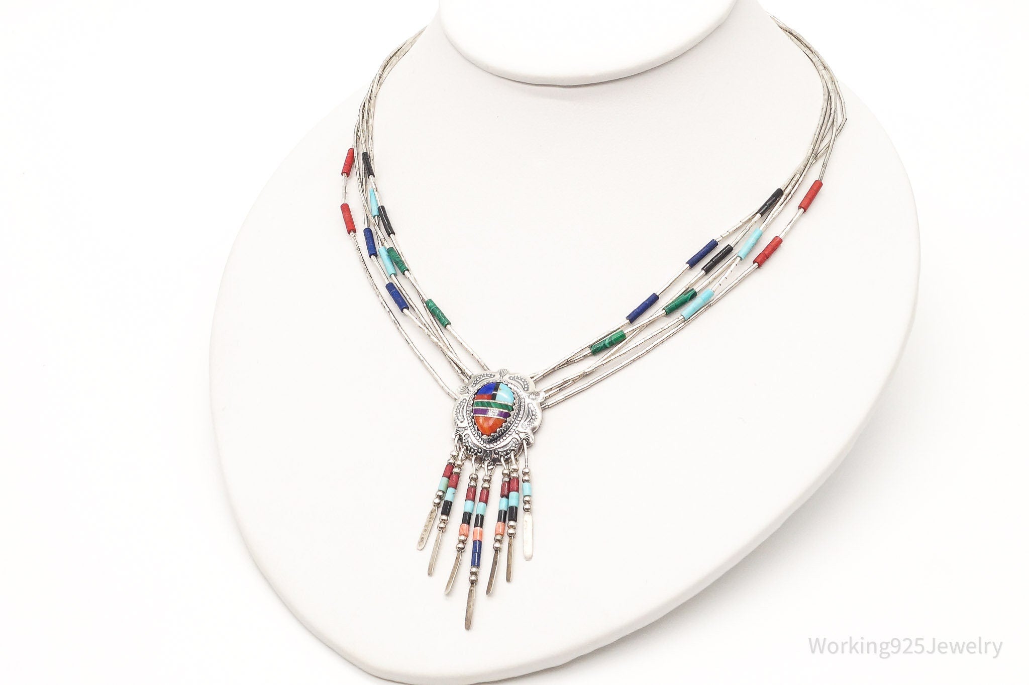 Vintage Native American QT Multi Gem Bead Sterling Silver Chain Necklace