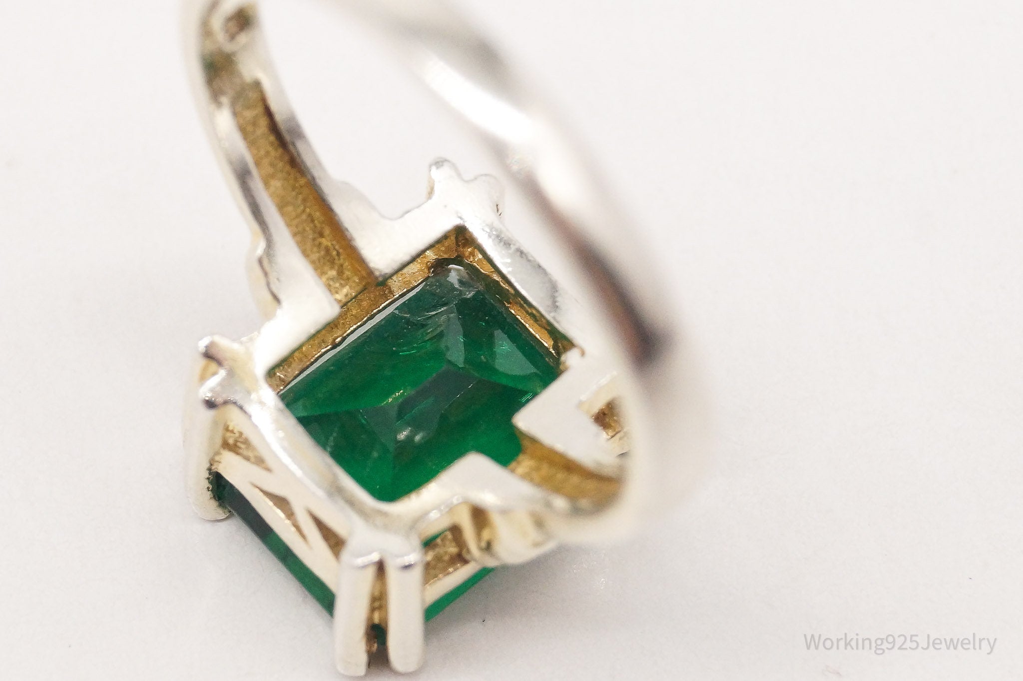 Vintage Lab Emerald Gold Wash Sterling Silver Ring Size 7