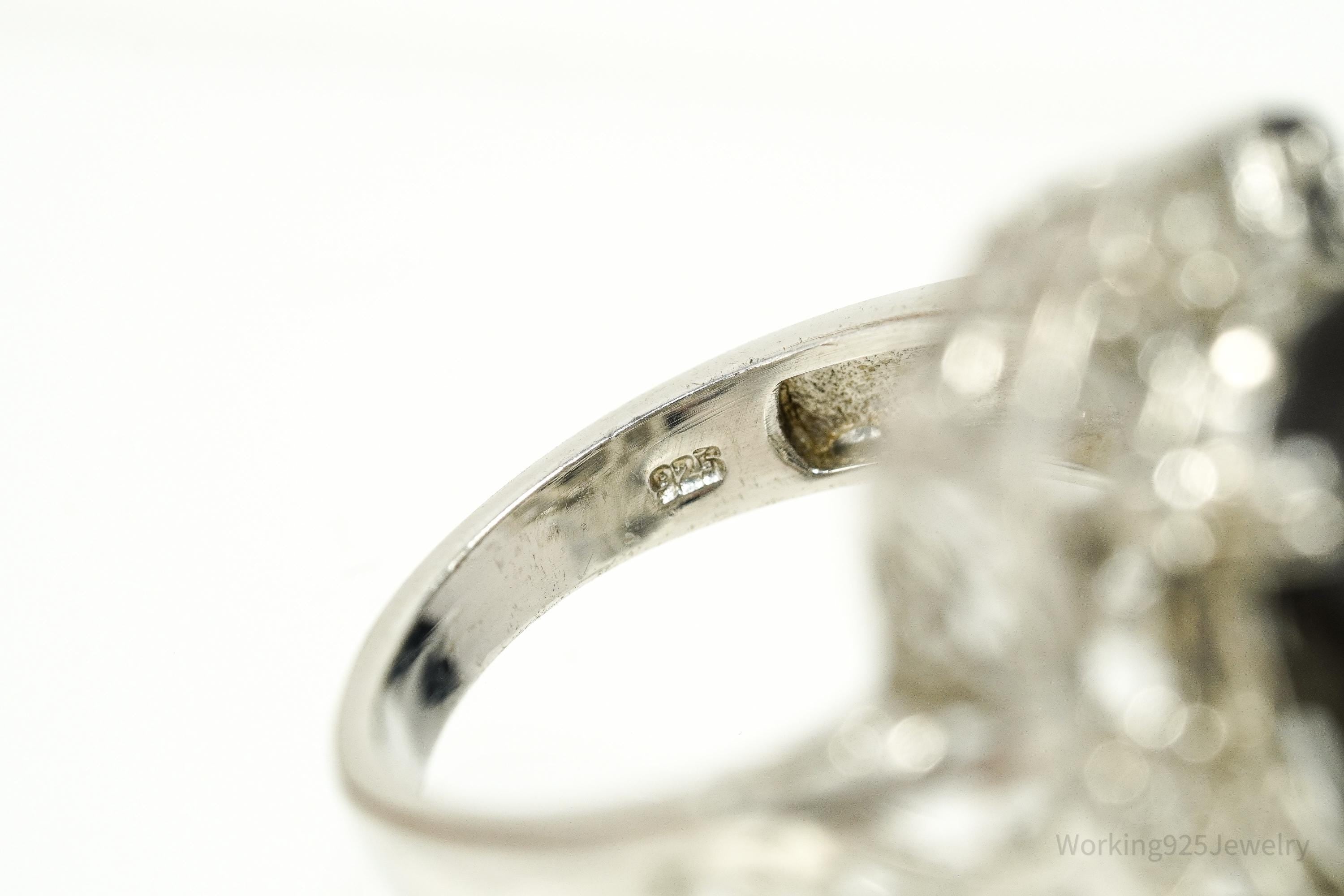 Vintage Grey Brown Stone & White Topaz Sterling Silver Ring - Size 9