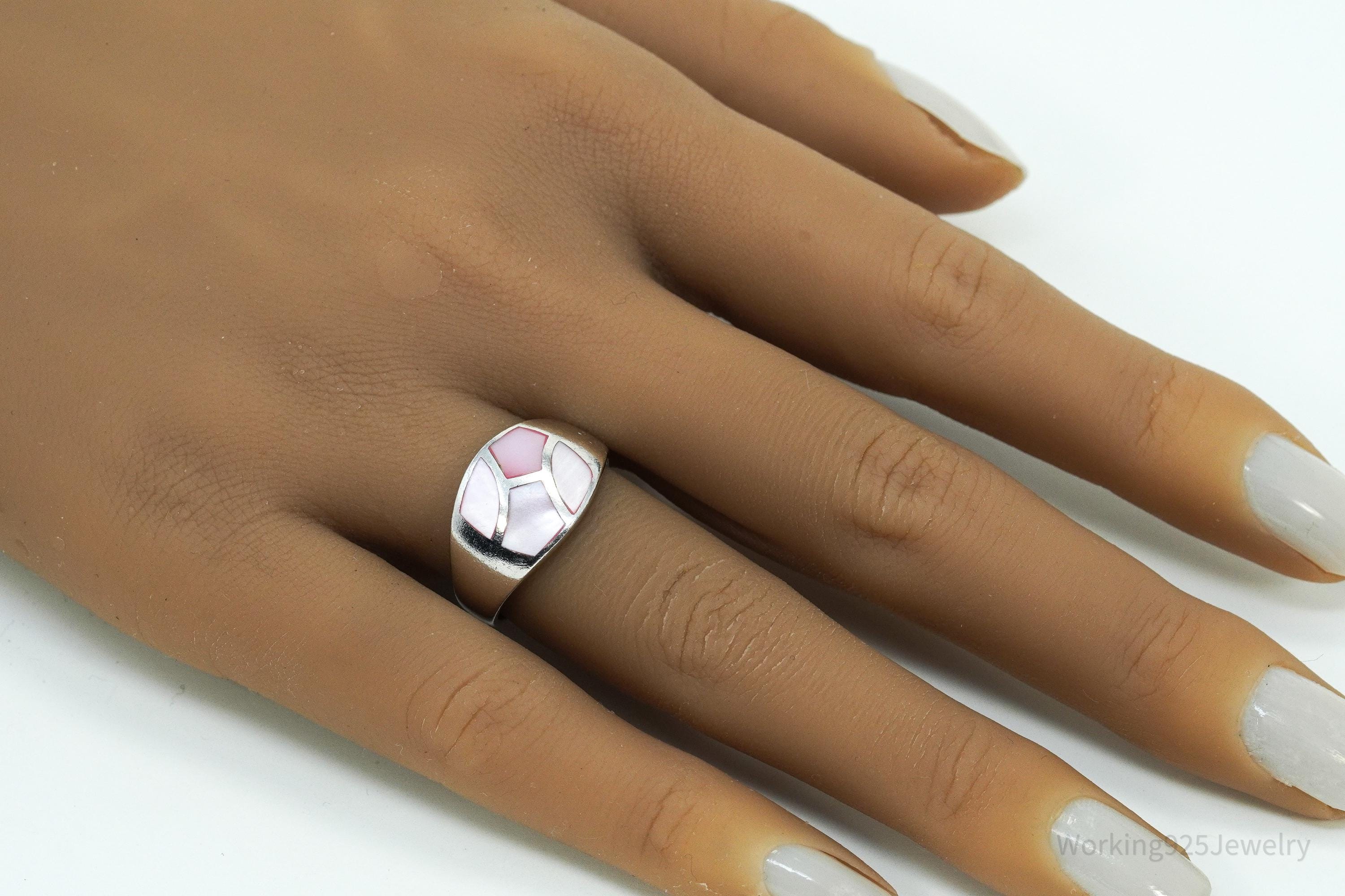 Vintage Pink Mother Of Pearl Inlay Sterling Silver Ring - Size 7.75