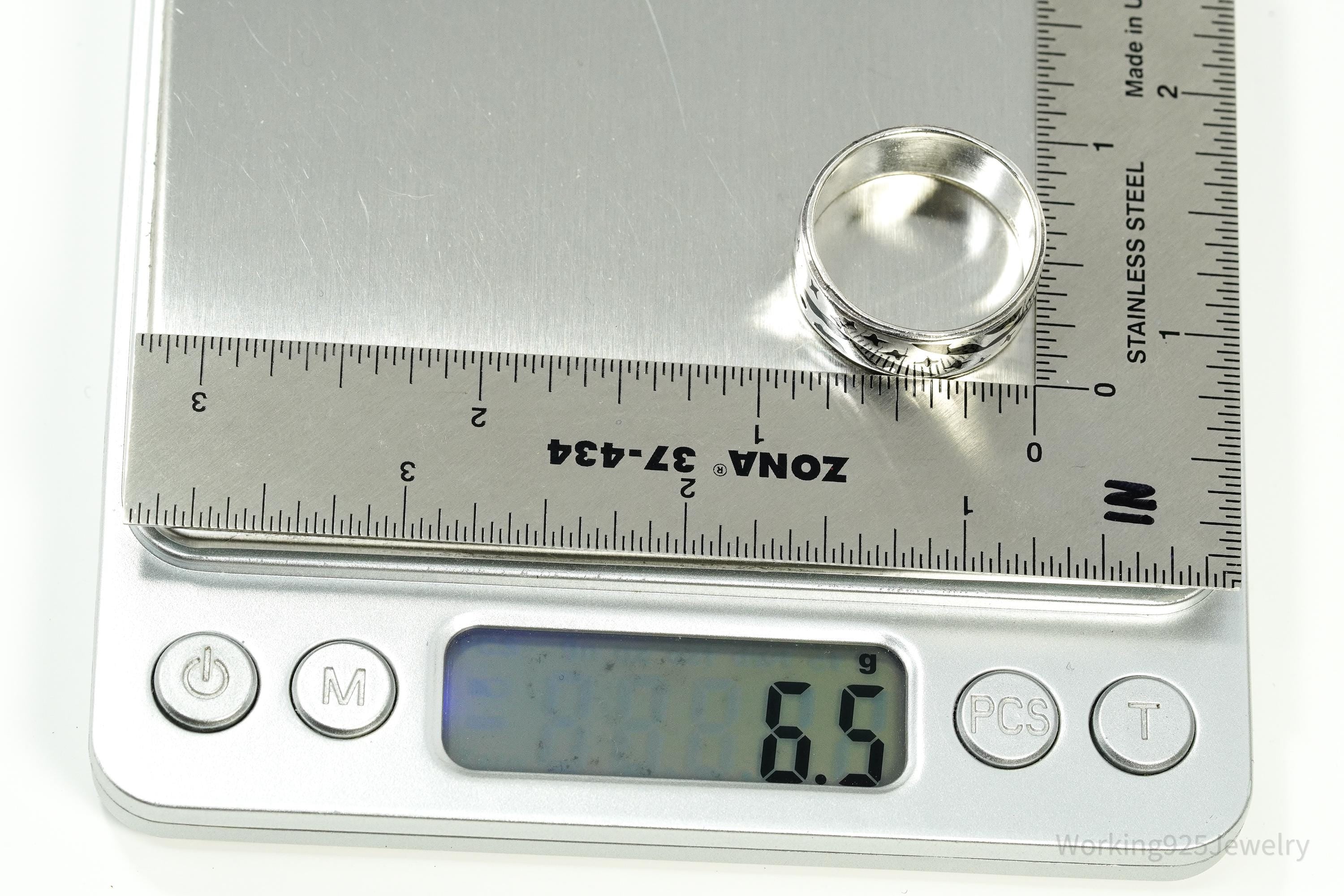 Vintage Earth & Stars Enamel Sterling Silver Band Ring - Size 10.5