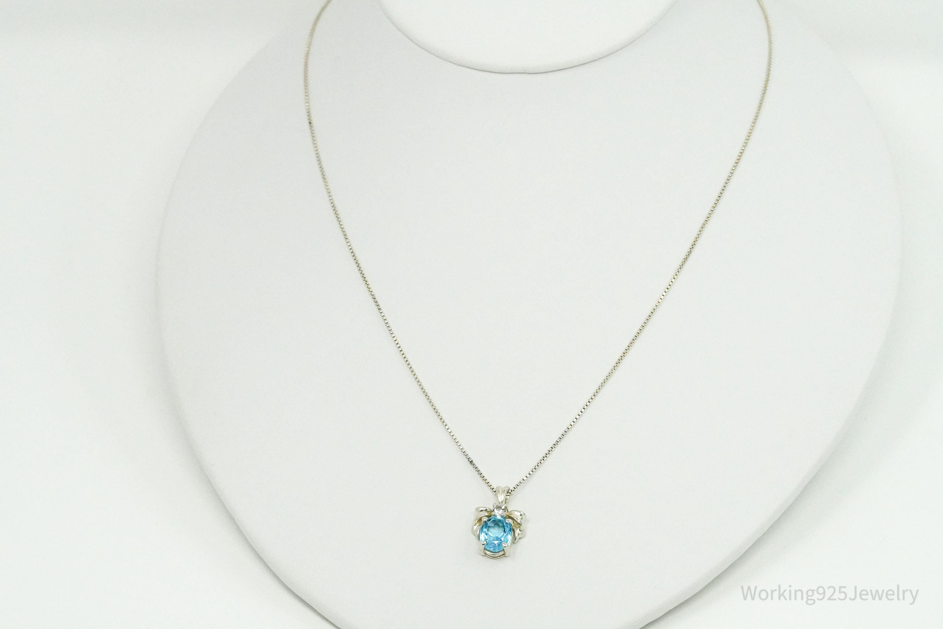 Vintage Blue Topaz & Cubic Zirconia Sterling Silver Necklace 18"
