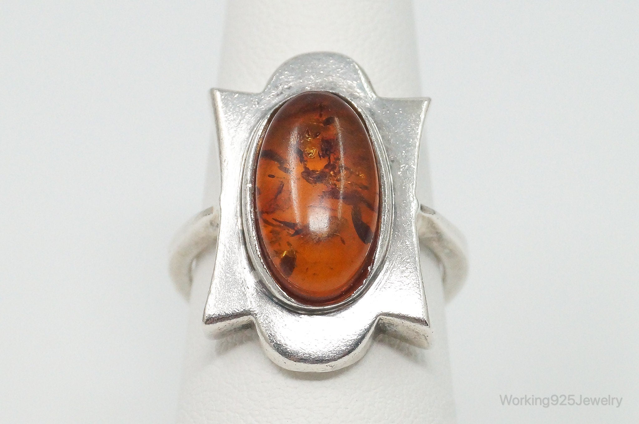 Vintage Large Baltic Amber Sterling Silver Ring - Size 6.75