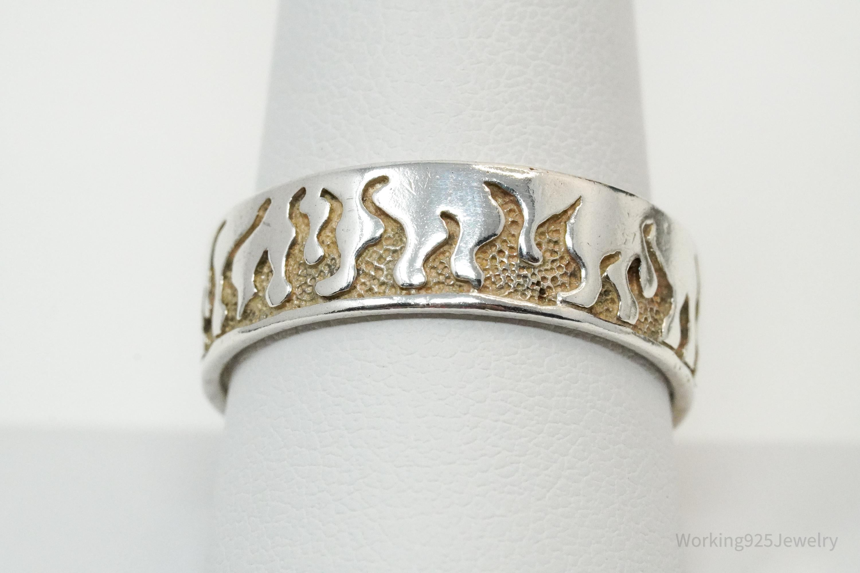 Vintage Fire Flames Sterling Silver Band Ring - Size 10.75
