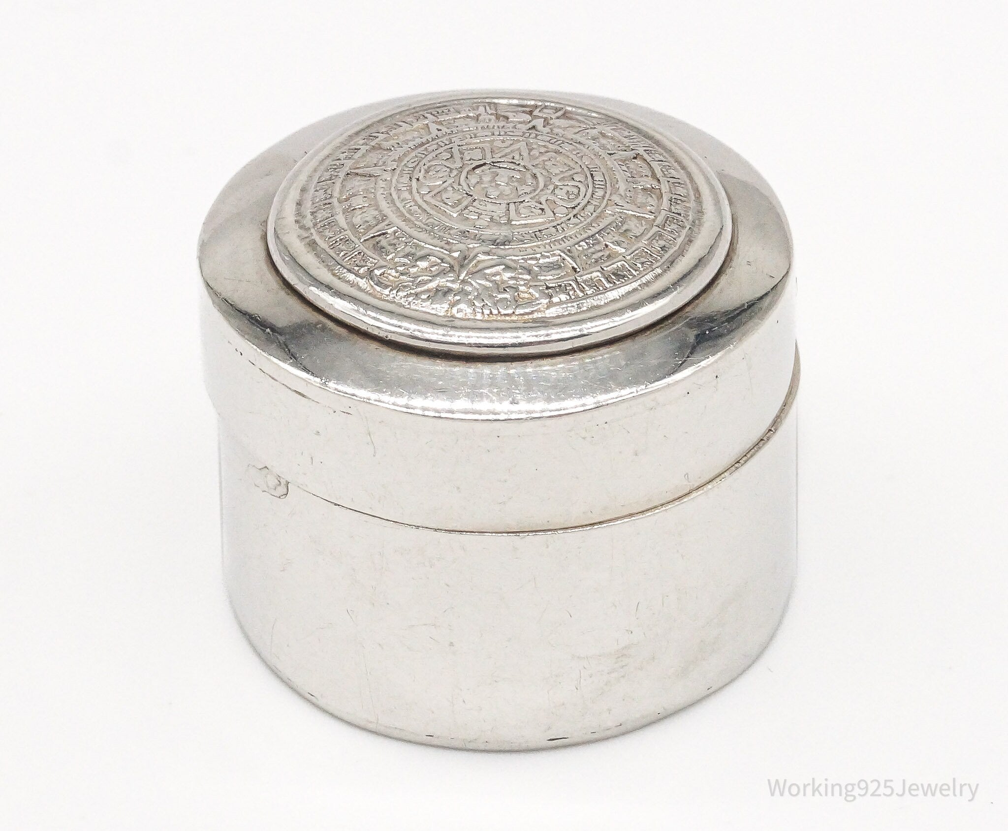 Vintage Mexico Mayan Calendar Sterling Silver Pill Box Trinket Box