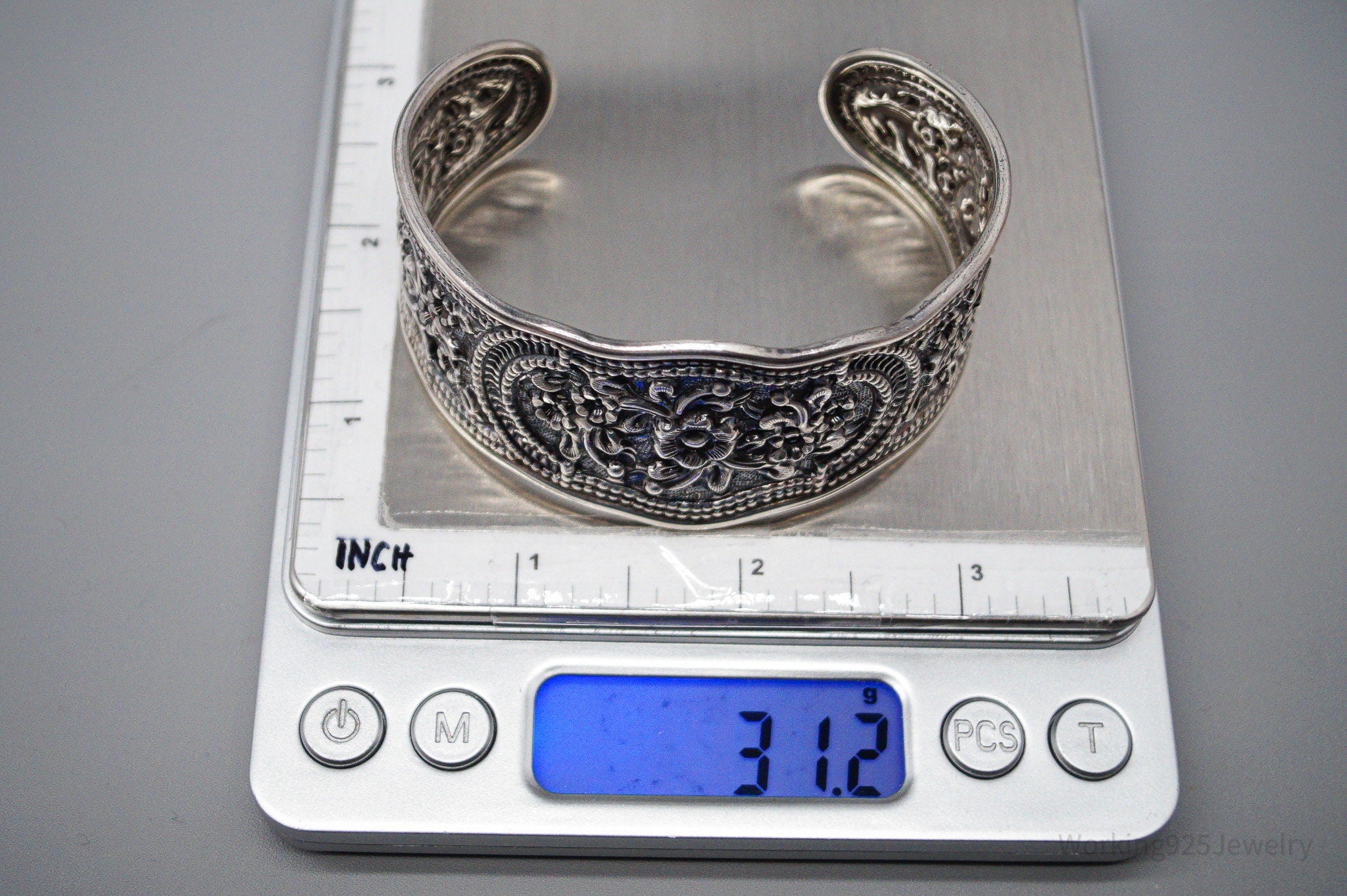 Vintage Floral Pattern Repousse Sterling Silver Cuff Bracelet 7.5"