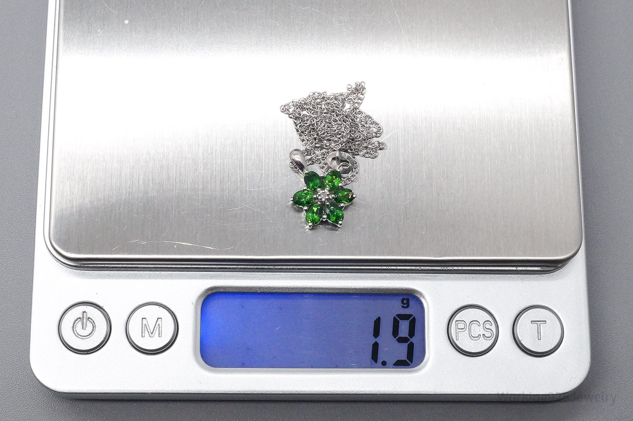 Vintage Green Chrome Diopside Diamond Sterling Silver Flower Necklace 18"