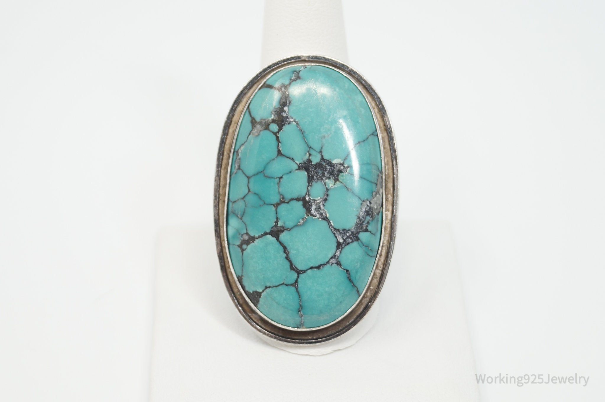 Vintage Native American Unsigned Large Turquoise Sterling Silver Ring - Sz 10.75