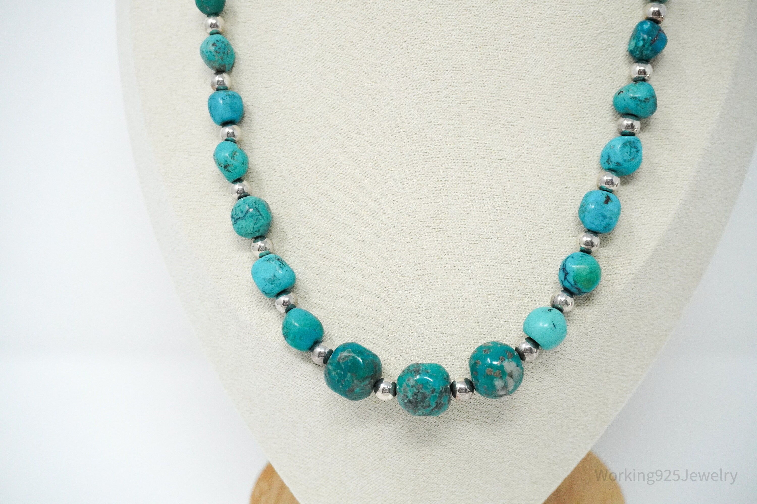 Vintage Designer Carolyn Pollack Relios Turquoise Bead Sterling Silver Necklace 20"