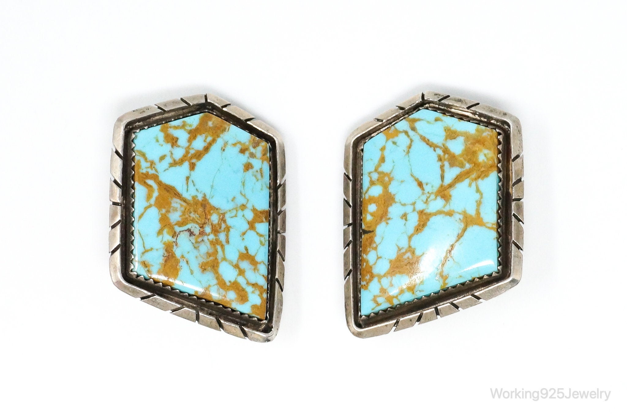 Large Vintage Native American LS Turquoise Sterling Silver Clip On Earrings