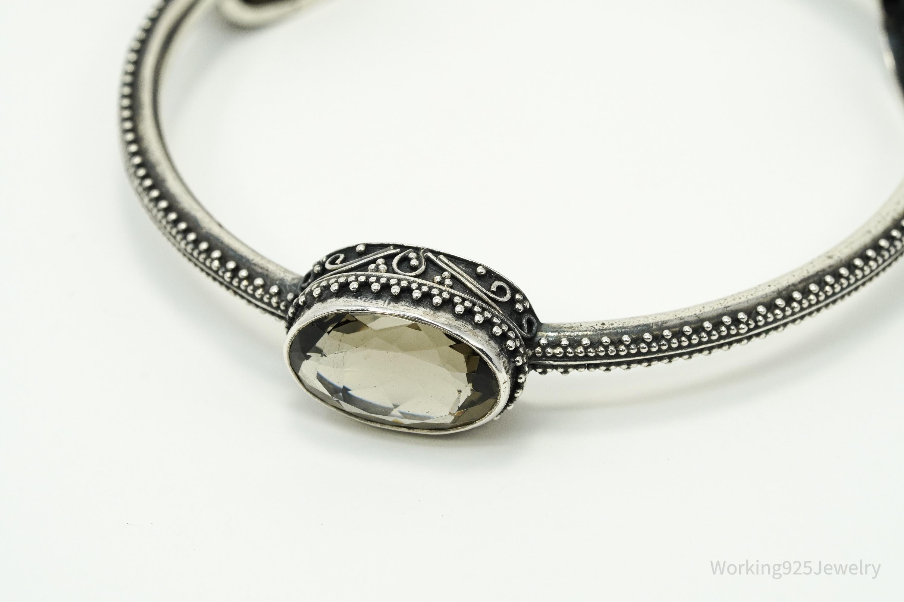 Vintage Smoky Topaz Silver Bangle Bracelet 8"