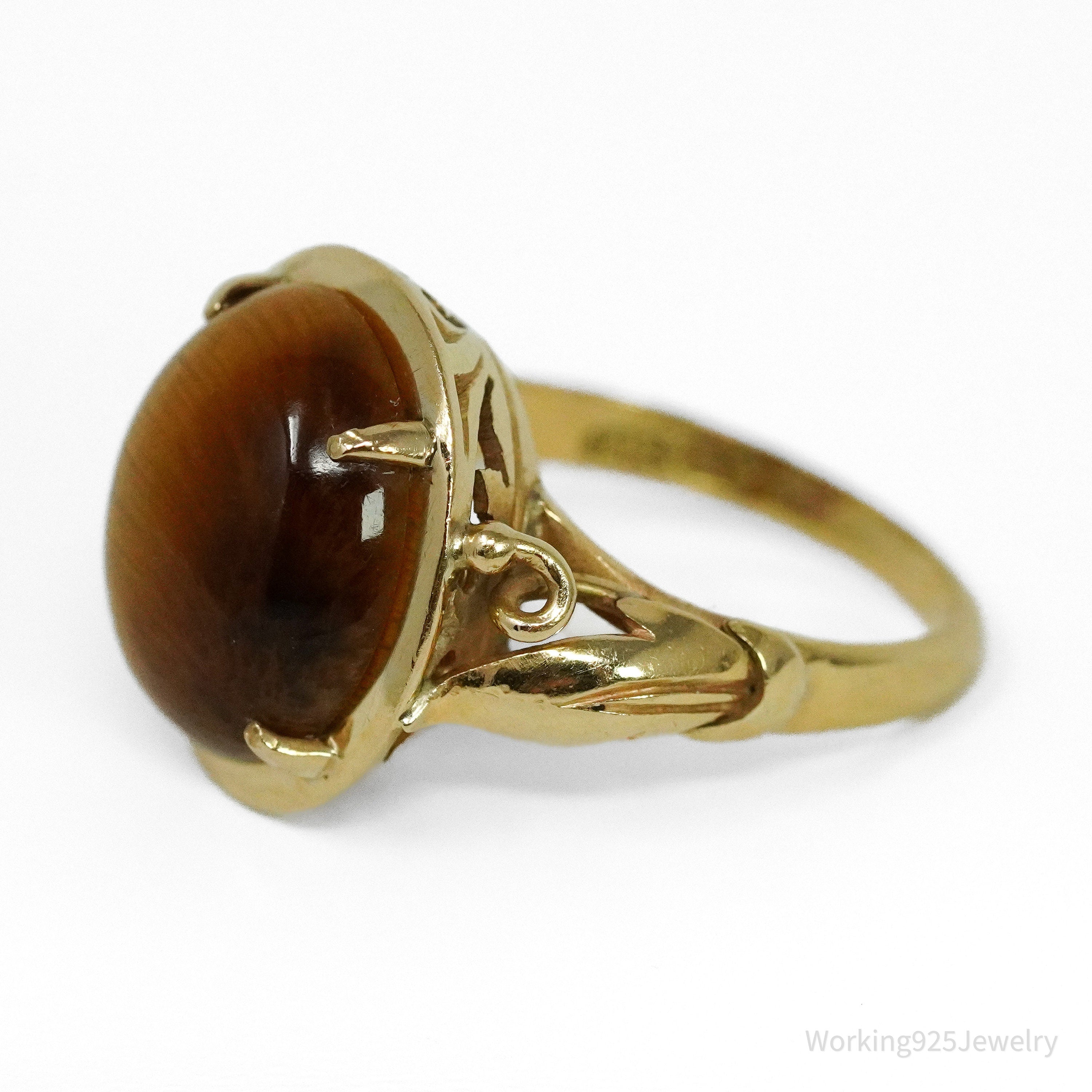 14K Yellow Gold & Tiger's Eye Cabochon Four Prong Ring - Size 6