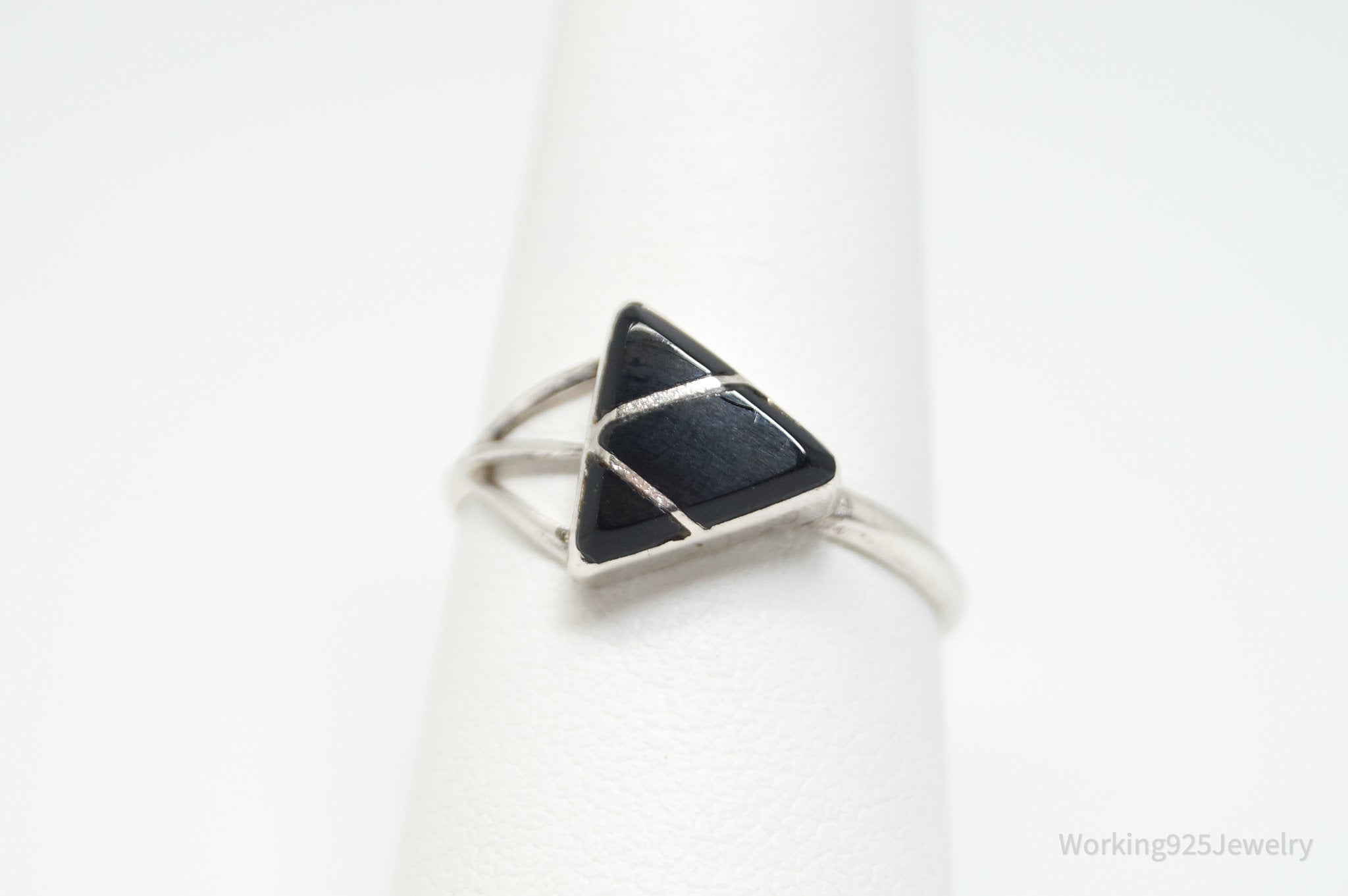 Vintage Southwestern Black Onyx Inlay Geometric Sterling Silver Ring - Sz 8