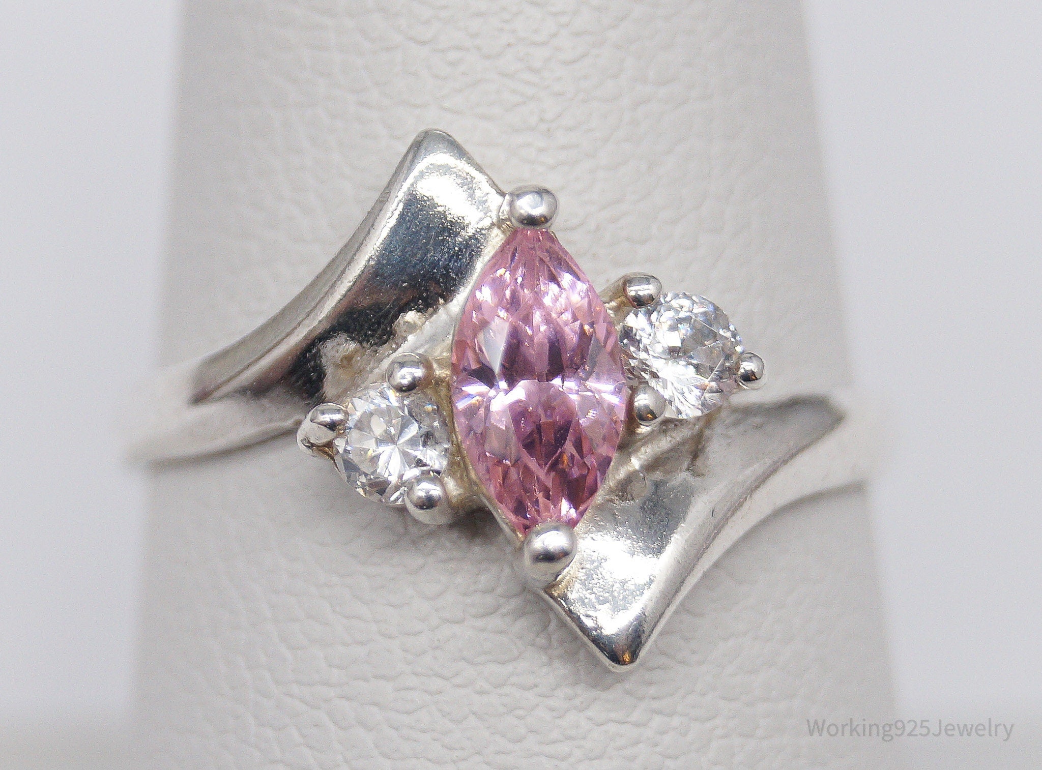 Vintage Pink & White Cubic Zirconia Sterling Silver Ring - Size 8