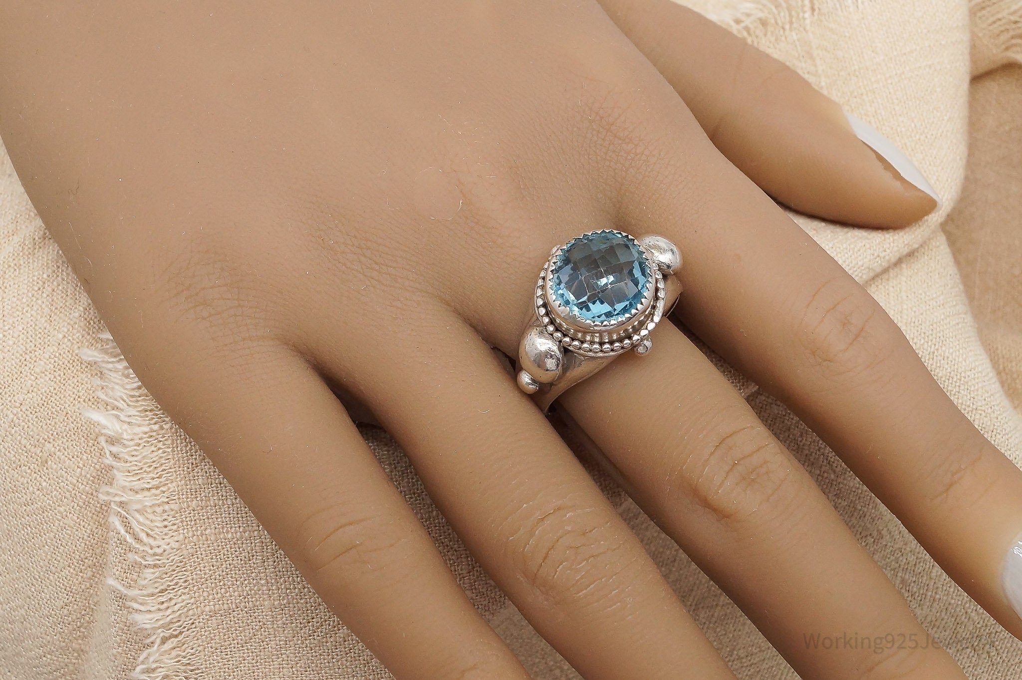 Vintage Modernist Style Blue Topaz Sterling Silver Ring - Size 11.75