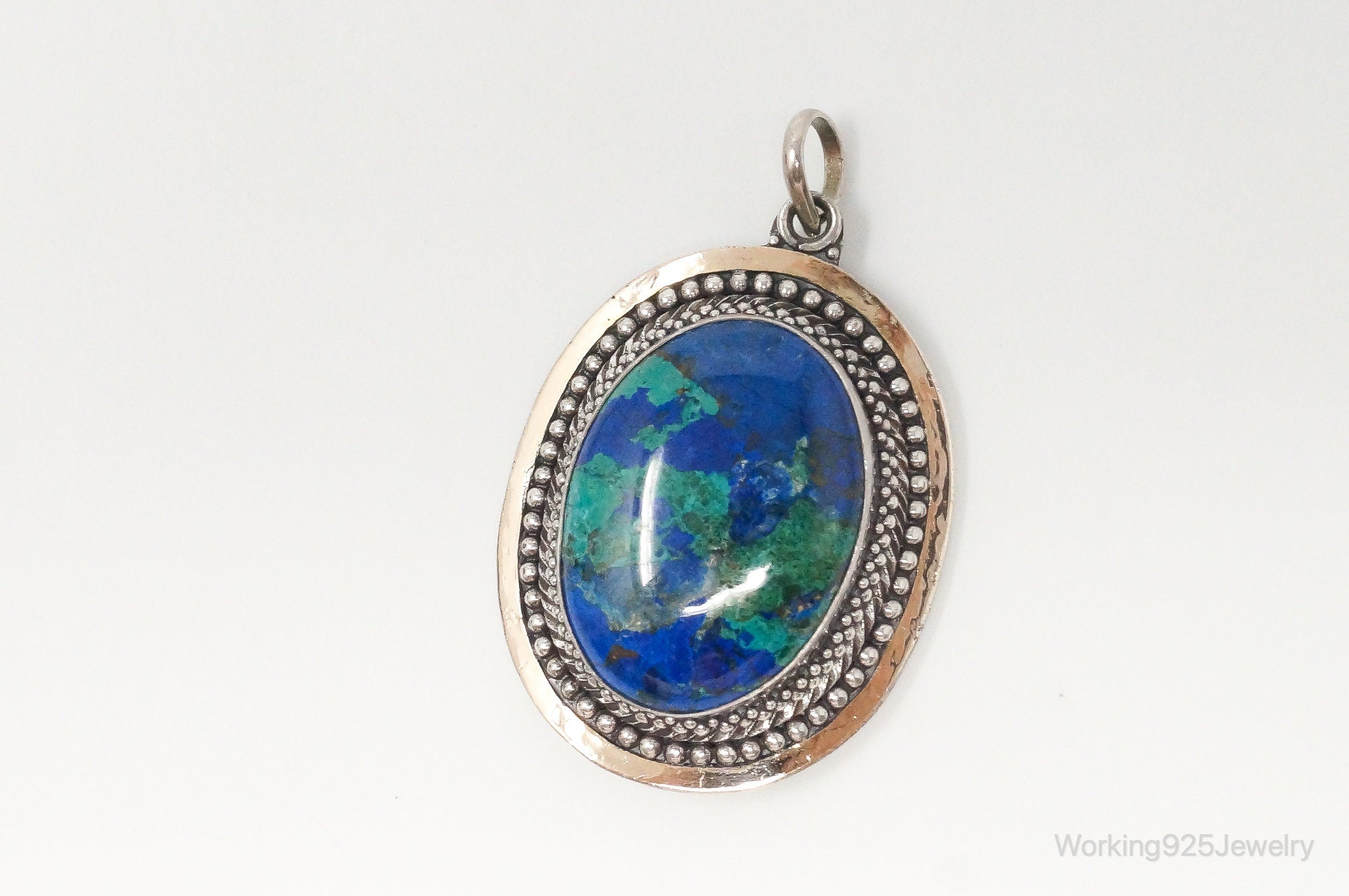 Vintage Large Azurite Brass Sterling Silver Pendant