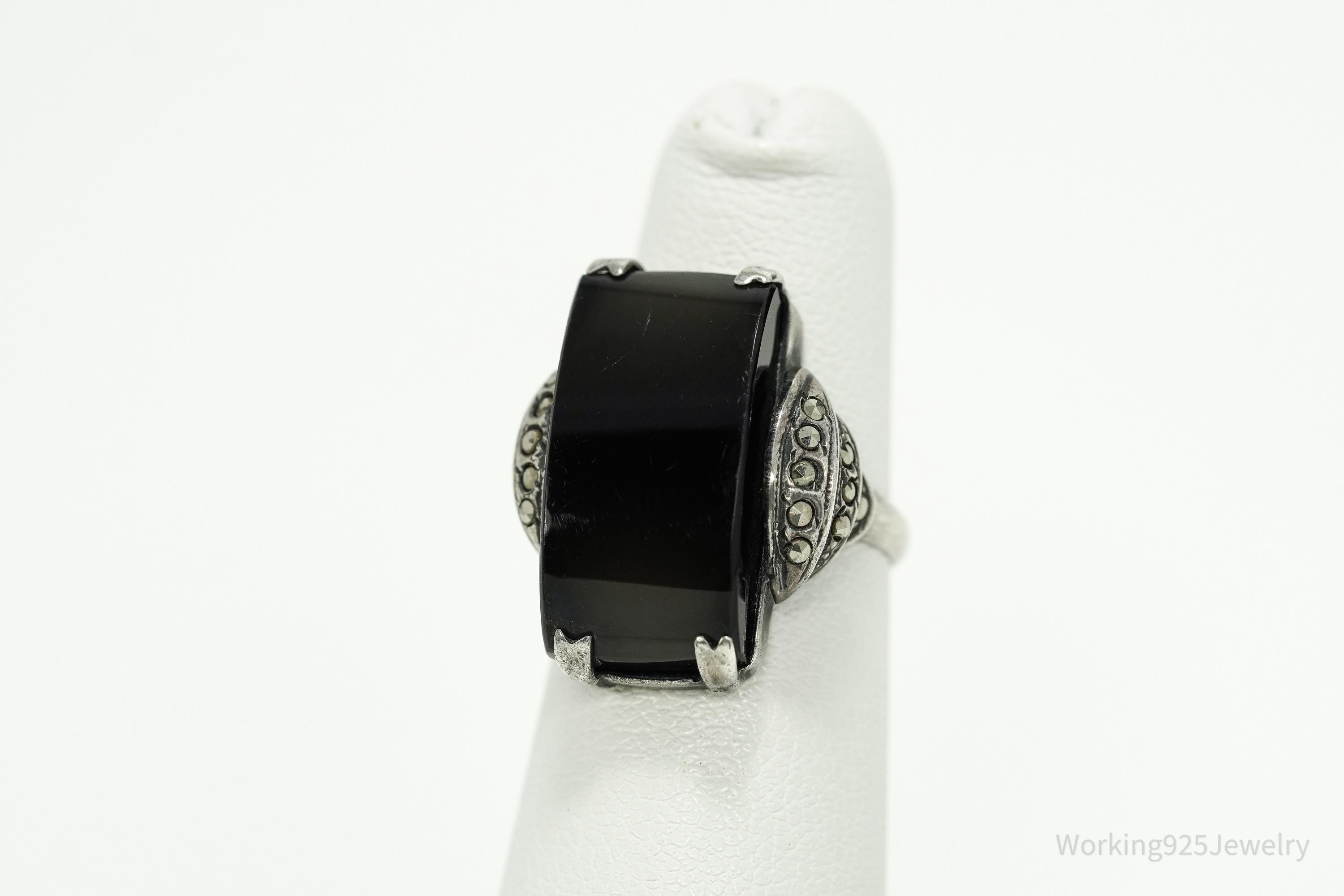 Antique Art Deco Black Onyx & Marcasite Sterling Silver Ring - Size 4.5