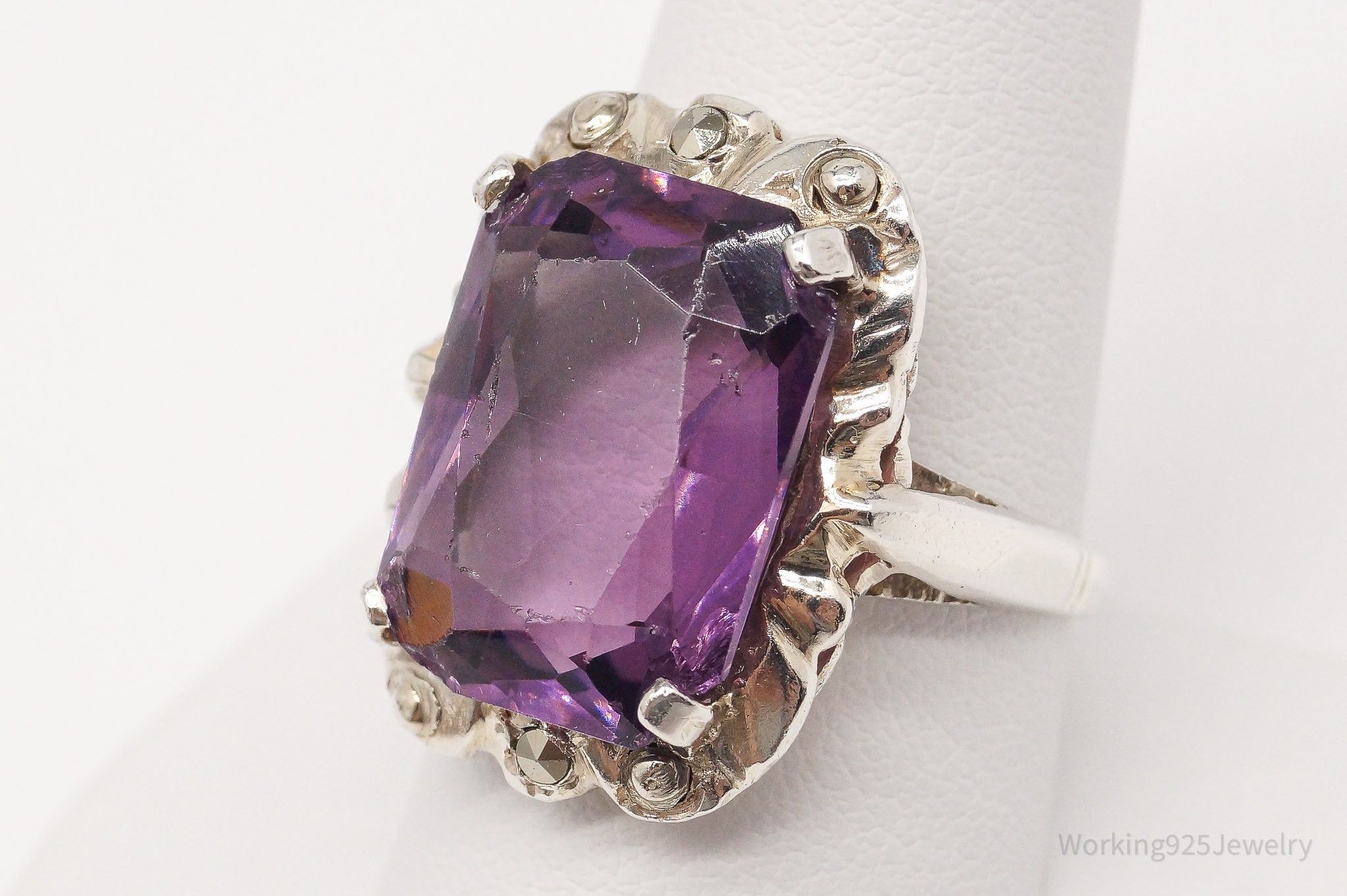 Antique Edwardian Purple Art Glass Marcasite Silver Ring - Size 9.5