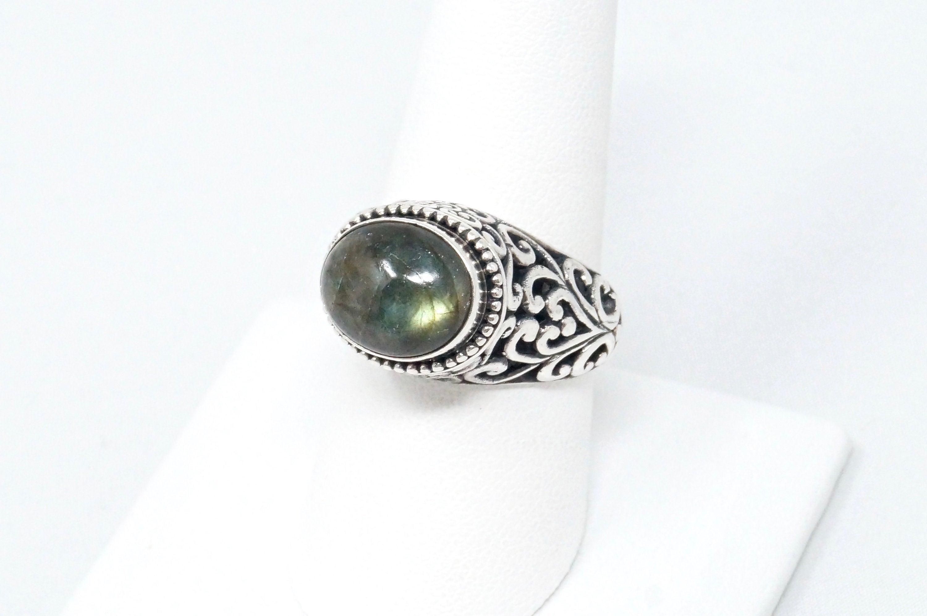 Vintage Large Labradorite Heart Scroll Motif Sterling Silver Statement Ring Sz 9