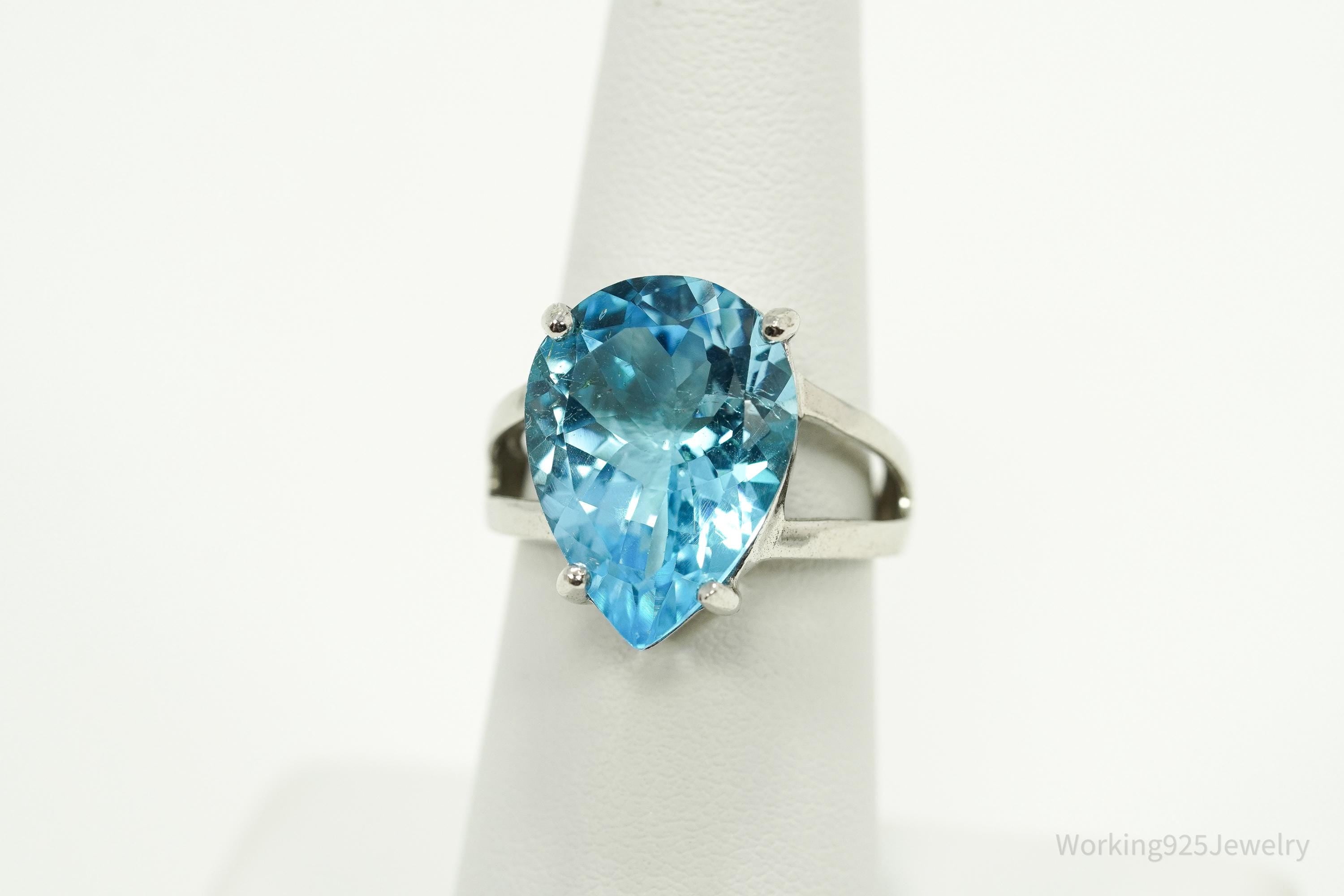 Vintage Large Blue Topaz Sterling Silver Ring - Size 7