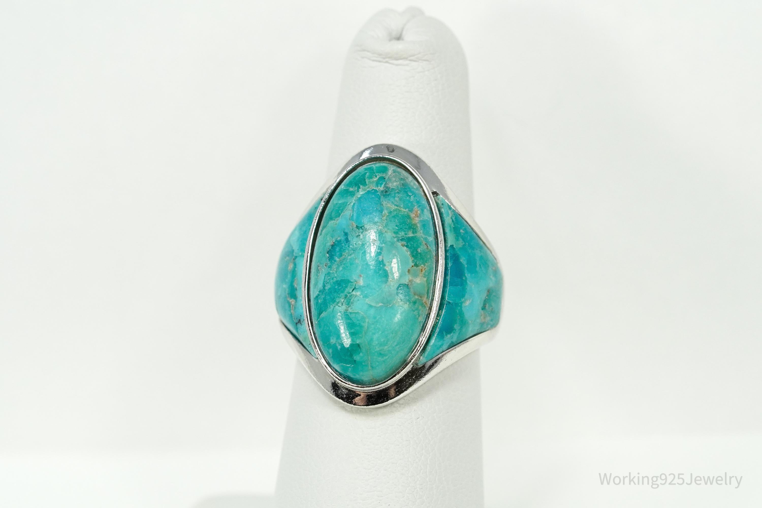 Large Turquoise Rhodium Over Sterling Silver Ring - Size 6