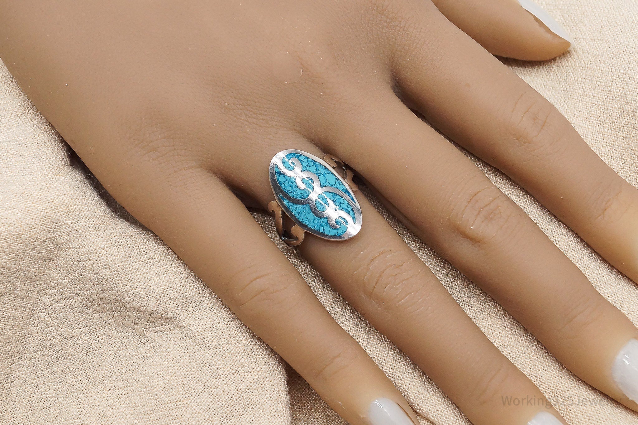 Vintage Turquoise Inlay Sterling Silver Ring - Size 8