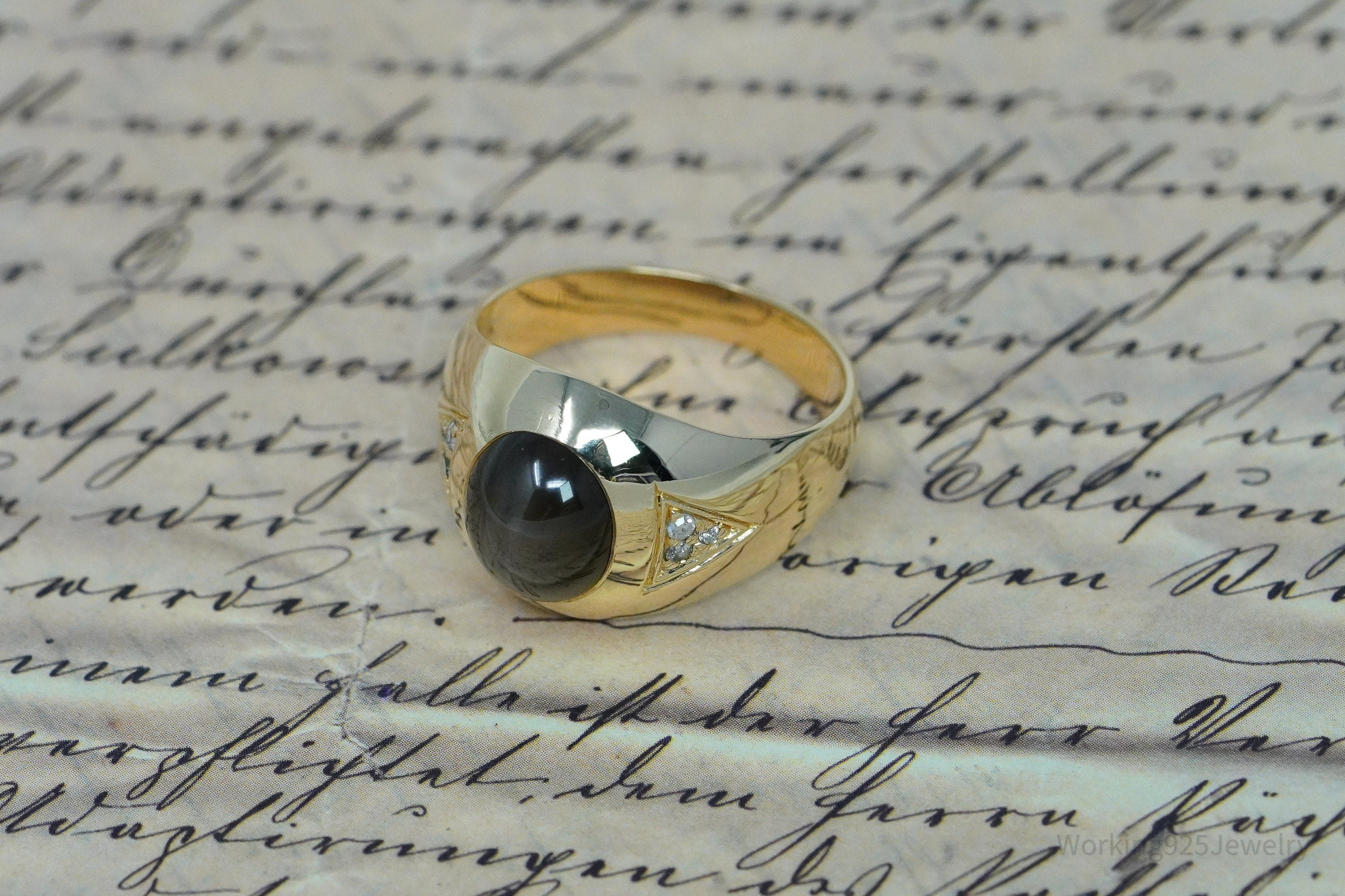 14K Yellow Gold, Synthetic Star Sapphire & Diamond Ring - Size 9.5