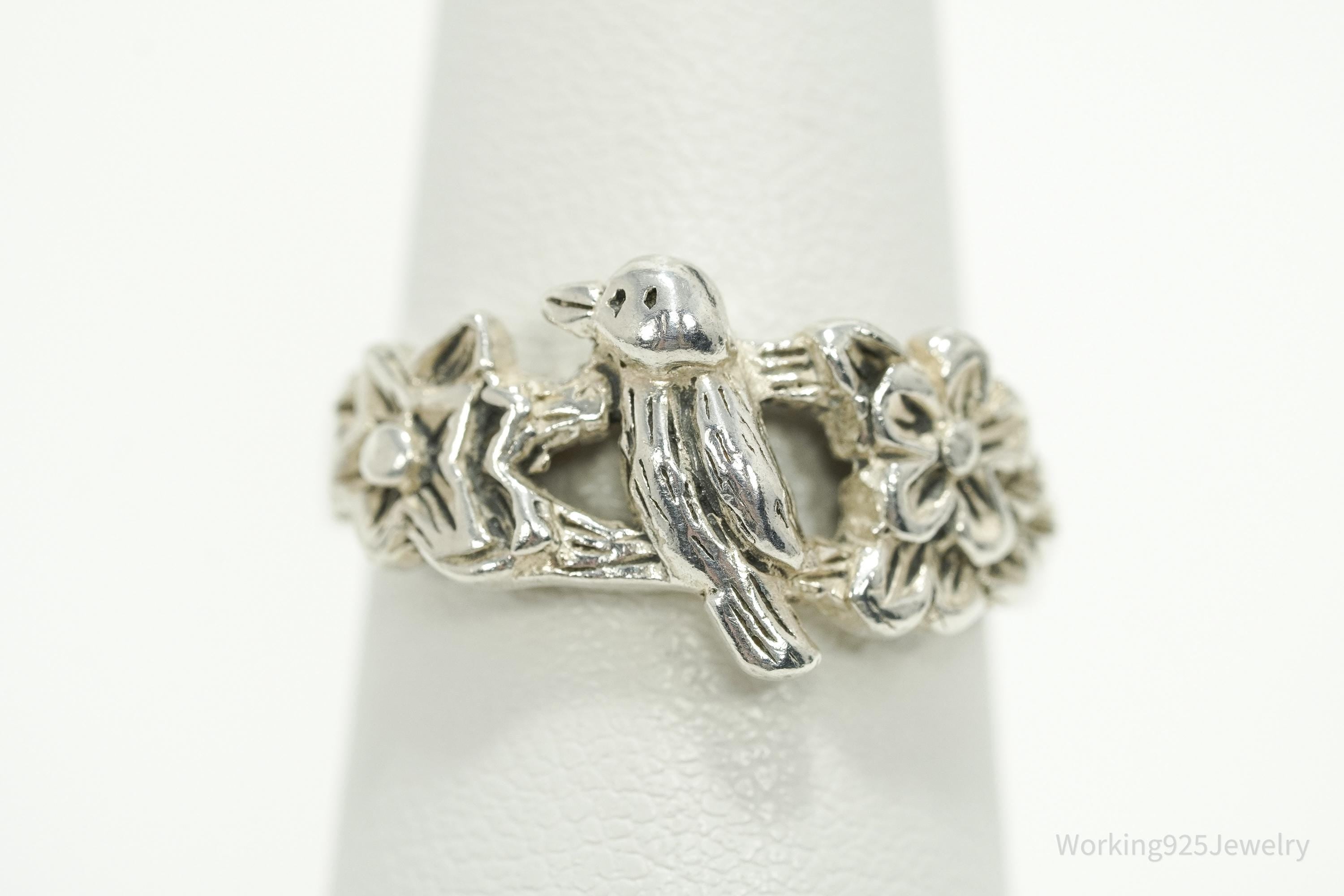 Vintage Bird & Flowers Sterling Silver Ring - Size 6.75
