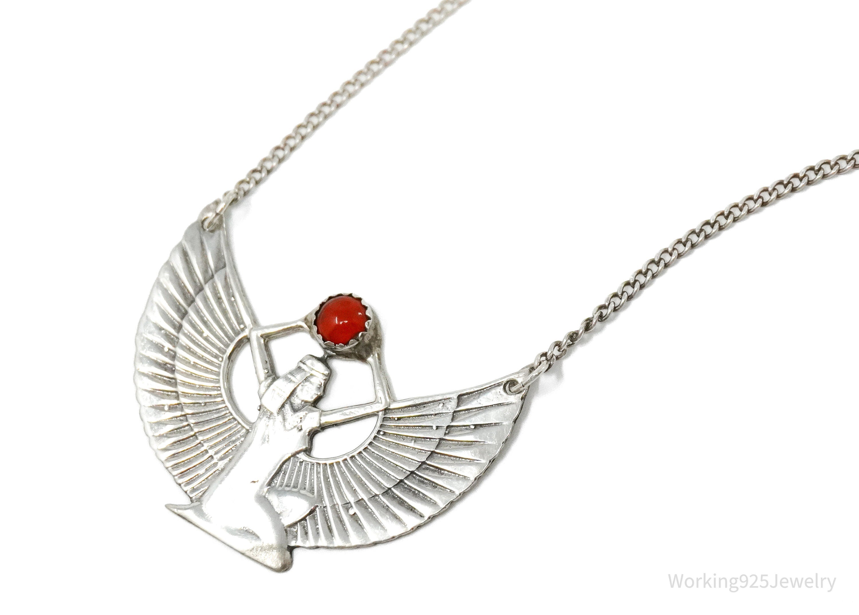 Vintage Egyptian Winged Goddess Isis Red Stone Sterling Silver Necklace 16"