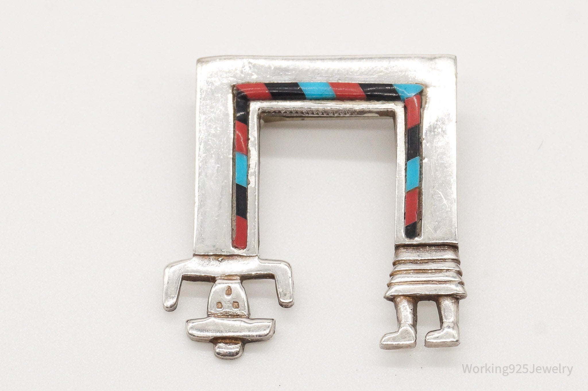 Vintage Native American YEI Multi Gem Inlay Sterling Silver Brooch Pin